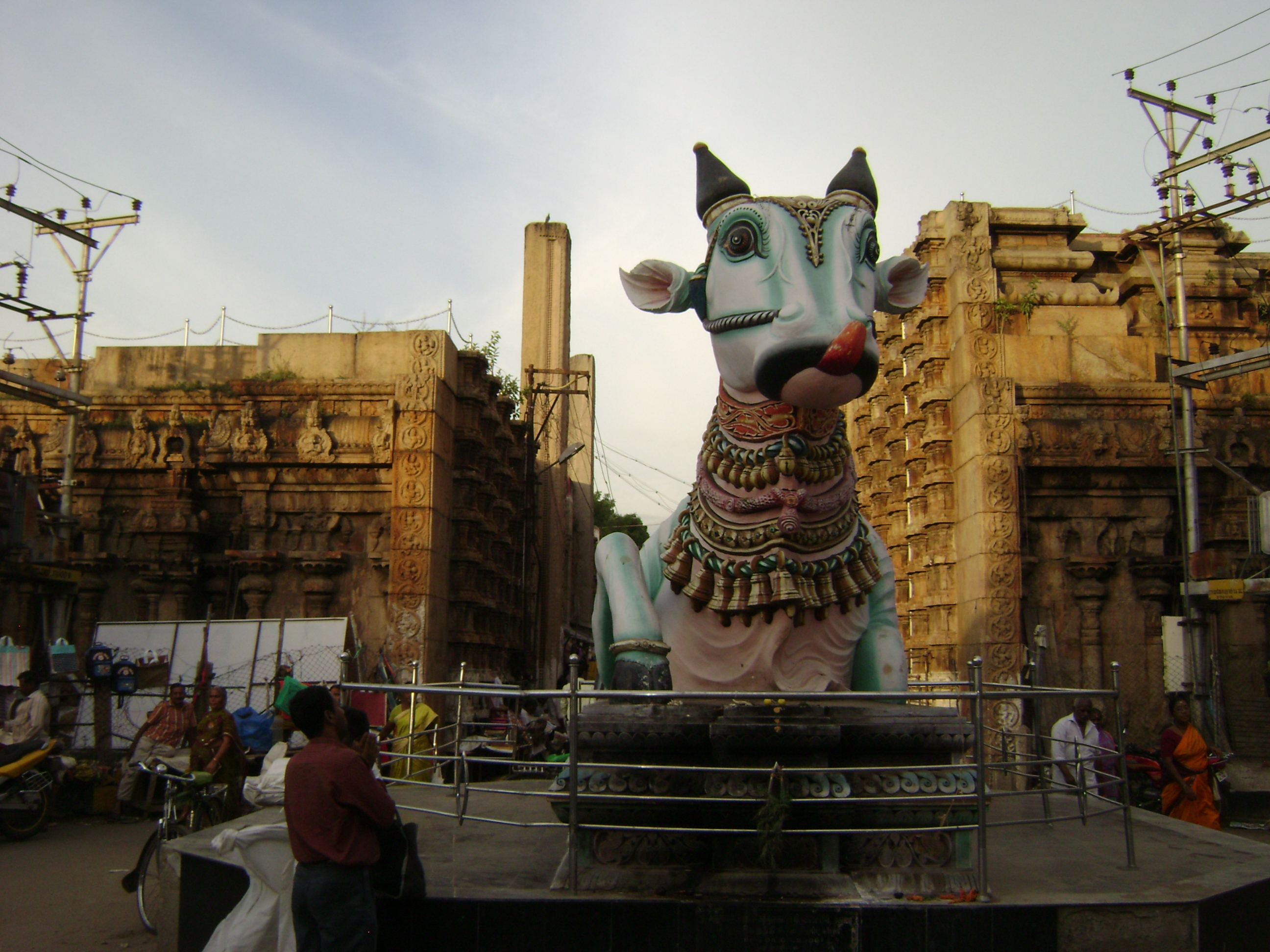 A closer view of the intricate sculptures on a gopuram.