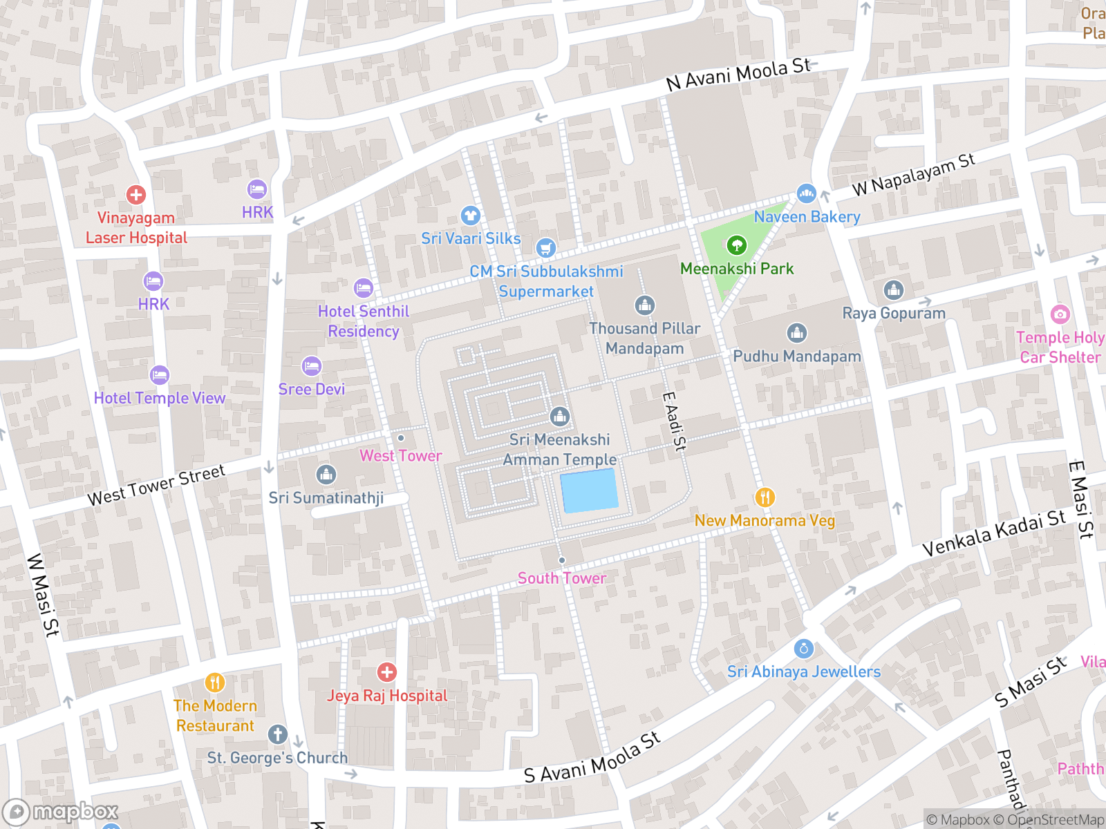 Map showing Meenakshi Amman Temple and surrounding area