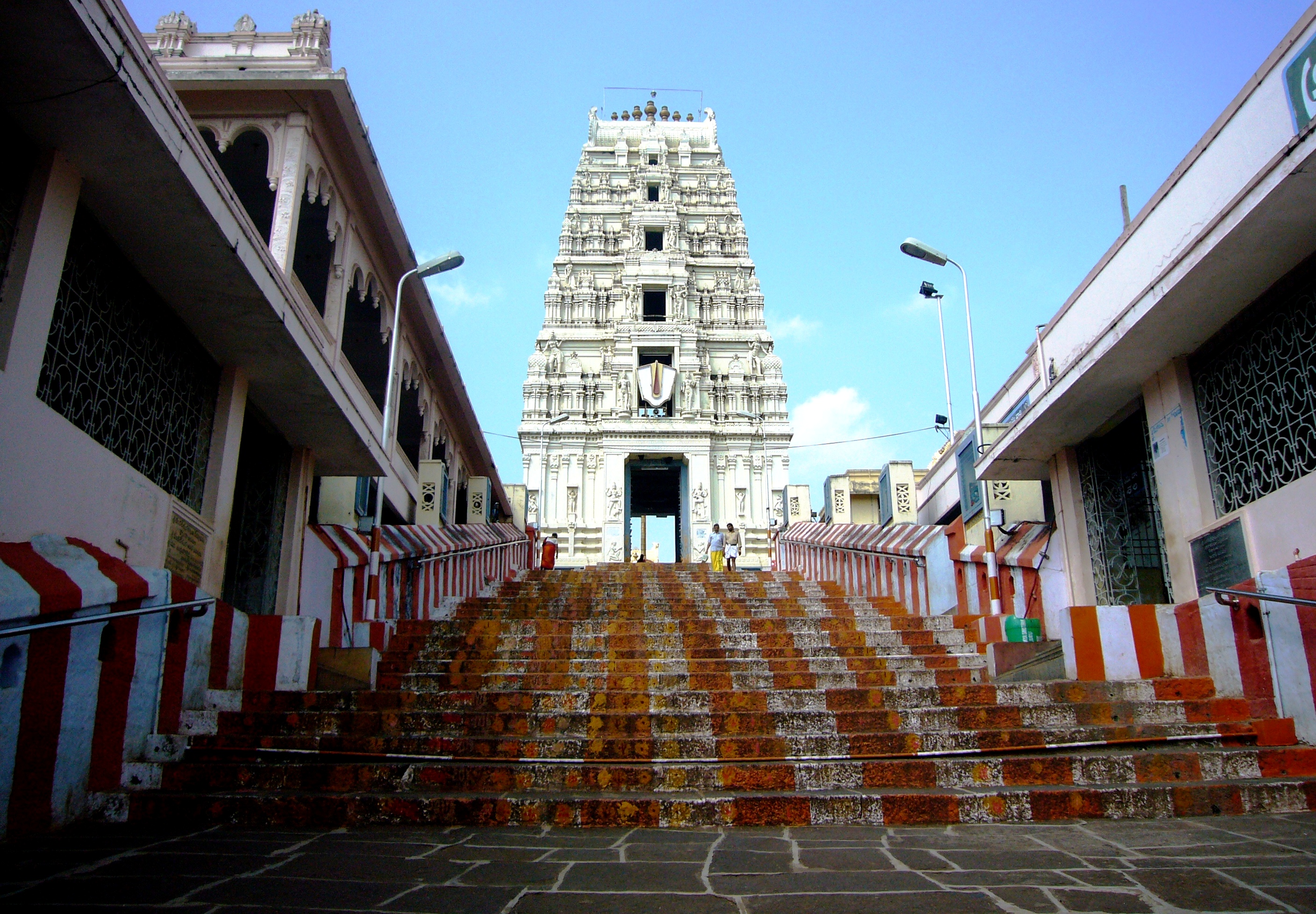 A panoramic view of the temple complex and surrounding hills.