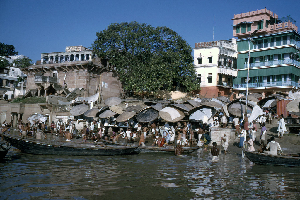A view of the sacred Ganges River flowing past Varanasi.
