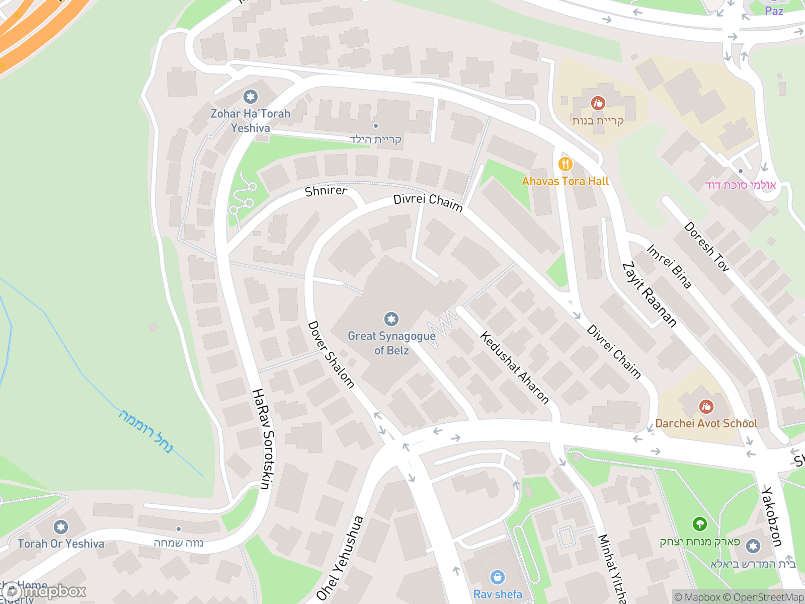 Map showing Belz Great Synagogue and surrounding area