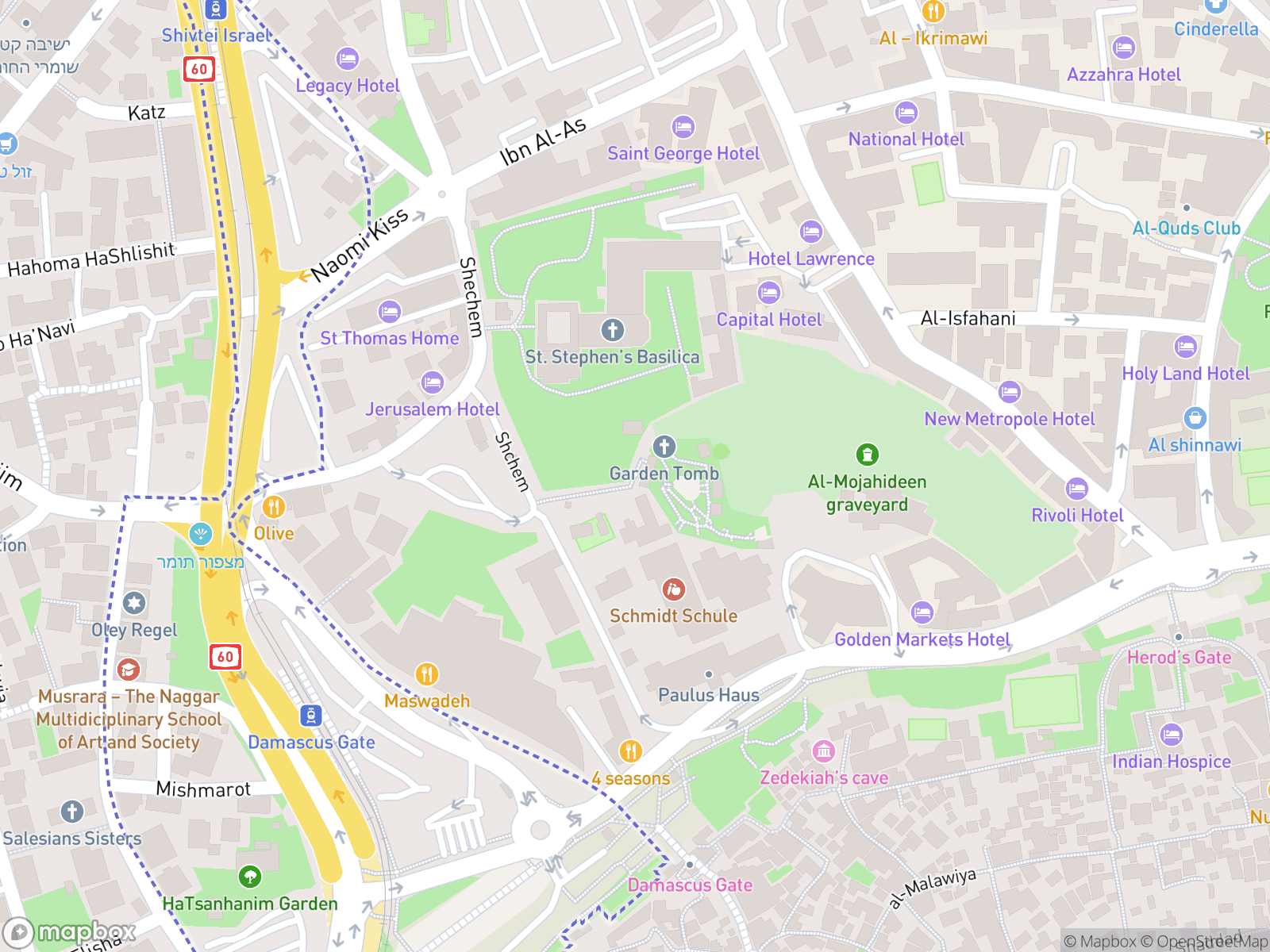 Map showing The Garden Tomb and surrounding area