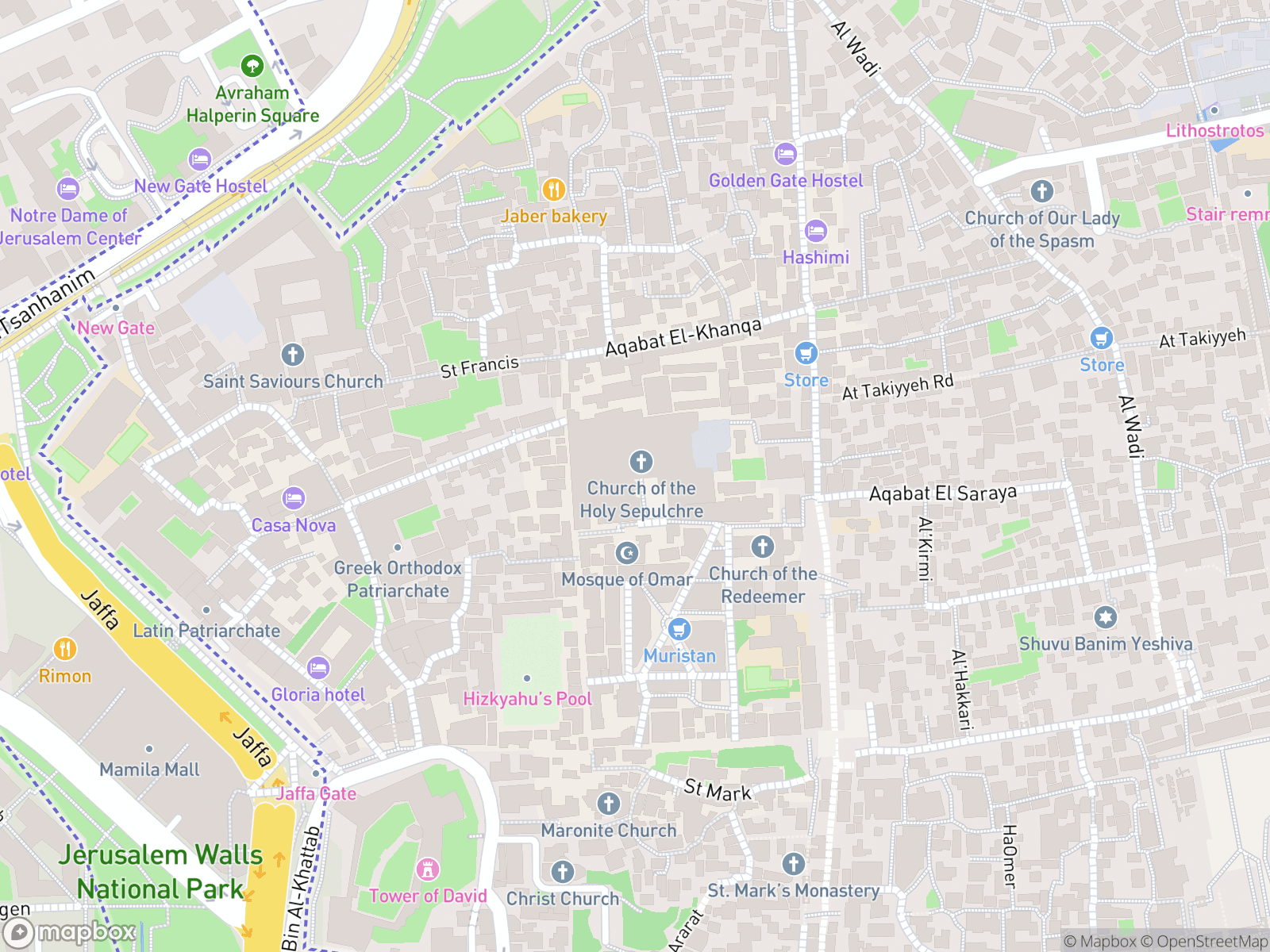 Map showing Greek Orthodox Church of Jerusalem and surrounding area