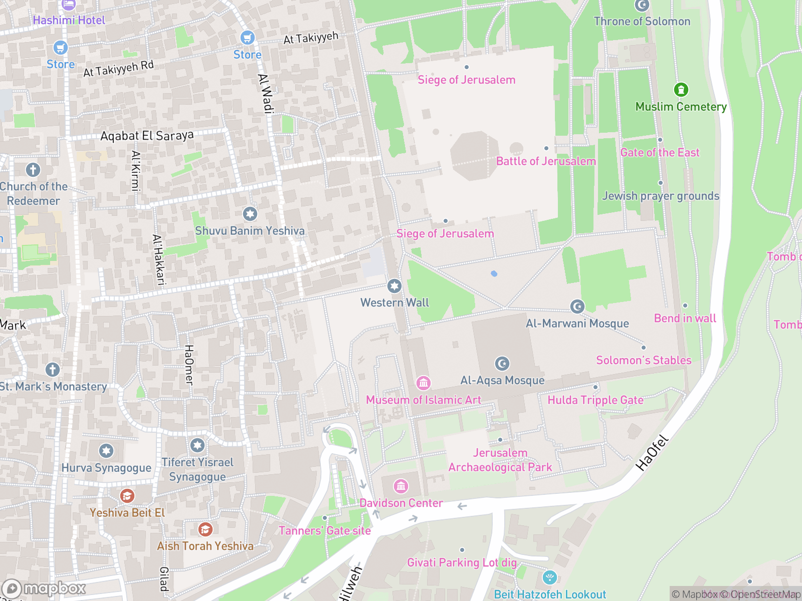 Map showing Western Wall and surrounding area