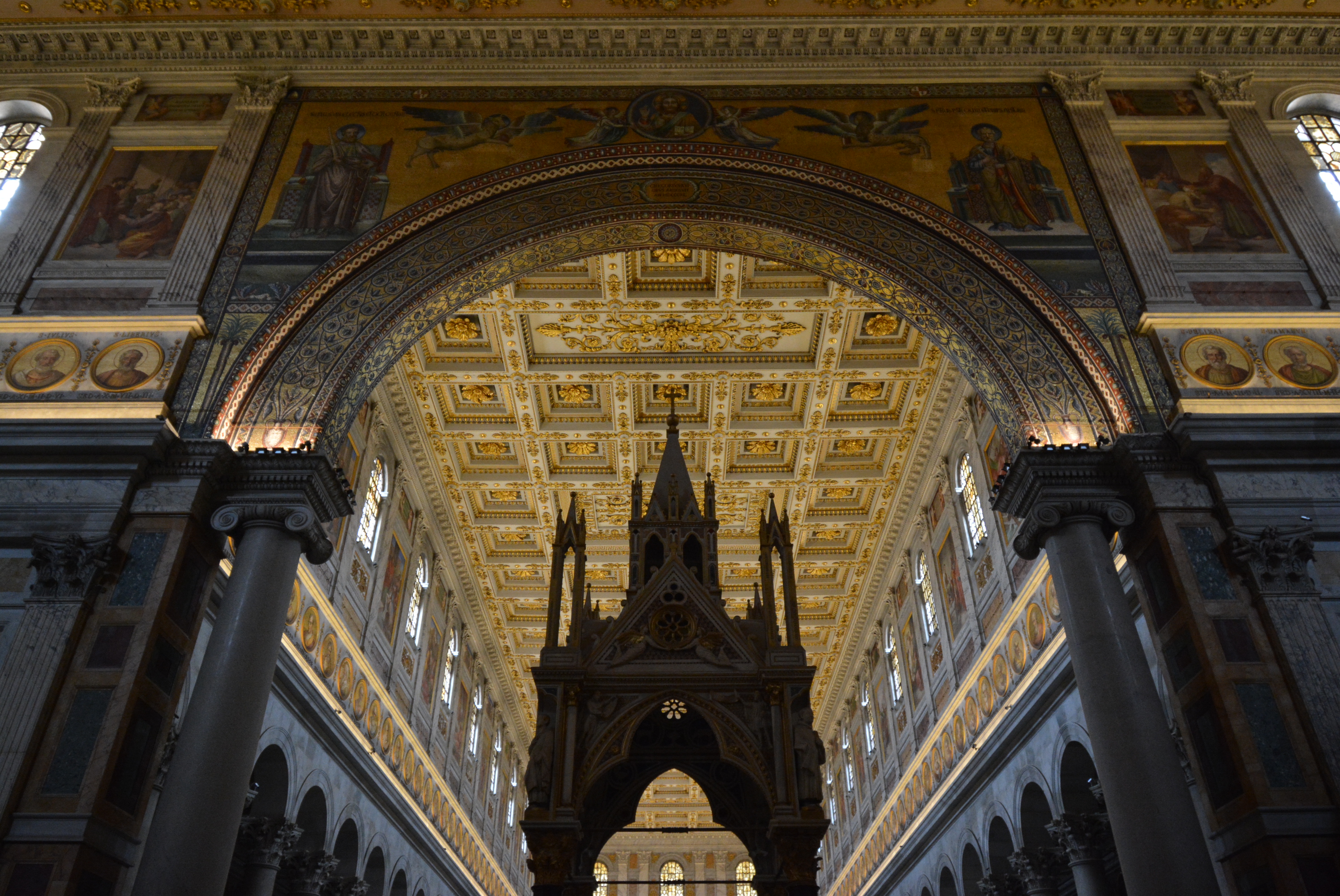 The basilica's stunning architecture at dusk.