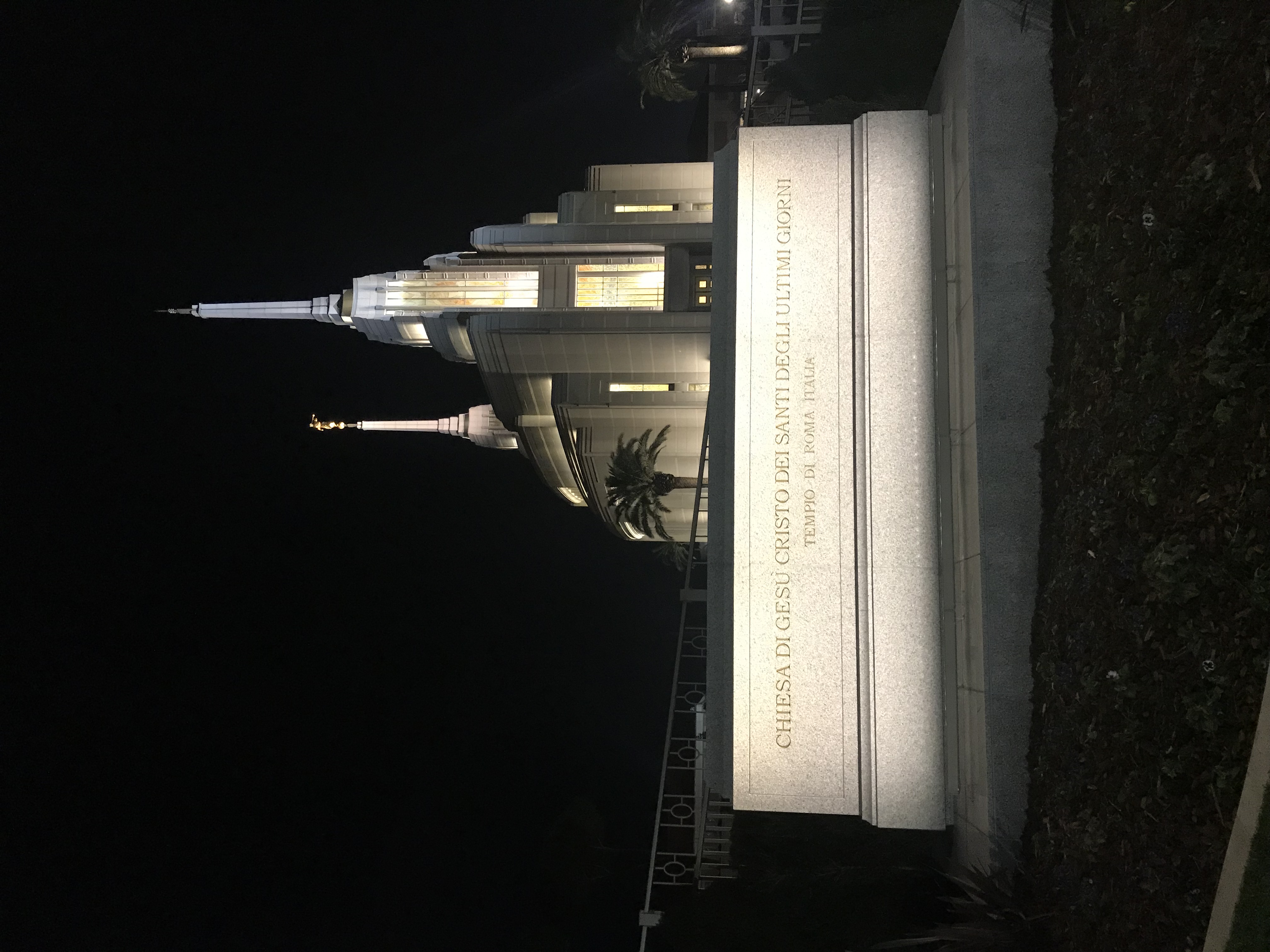 The Rome Italy Temple illuminated at night