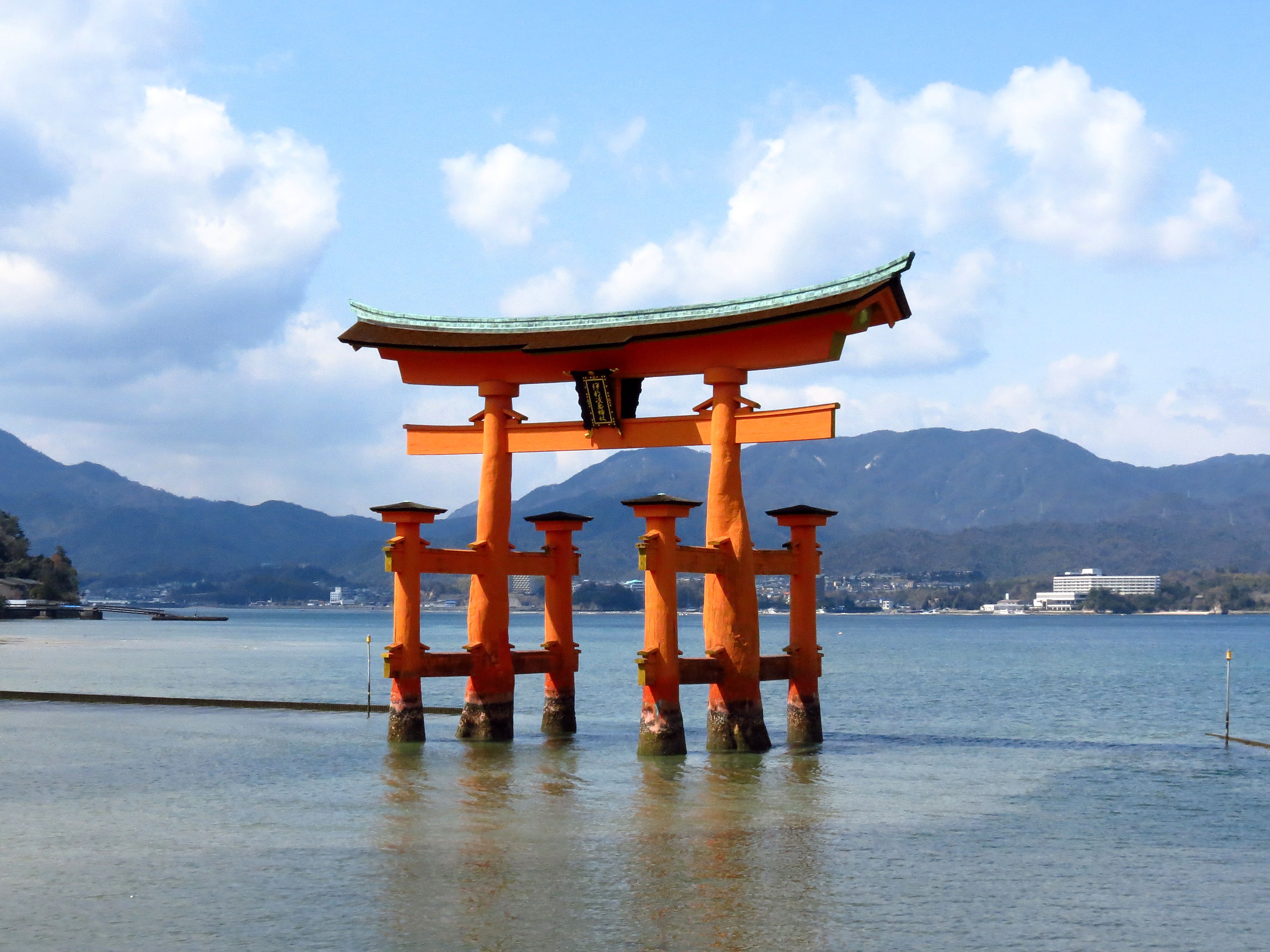 A panoramic view of Itsukushima Shrine and Miyajima Island.
