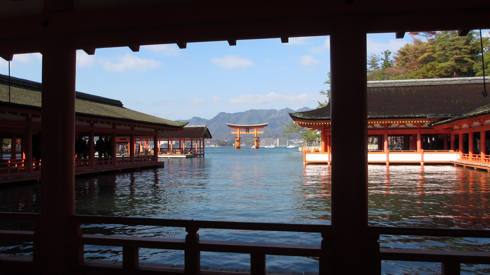 The main hall (Honden) of Itsukushima Shrine, showcasing traditional Japanese architecture.