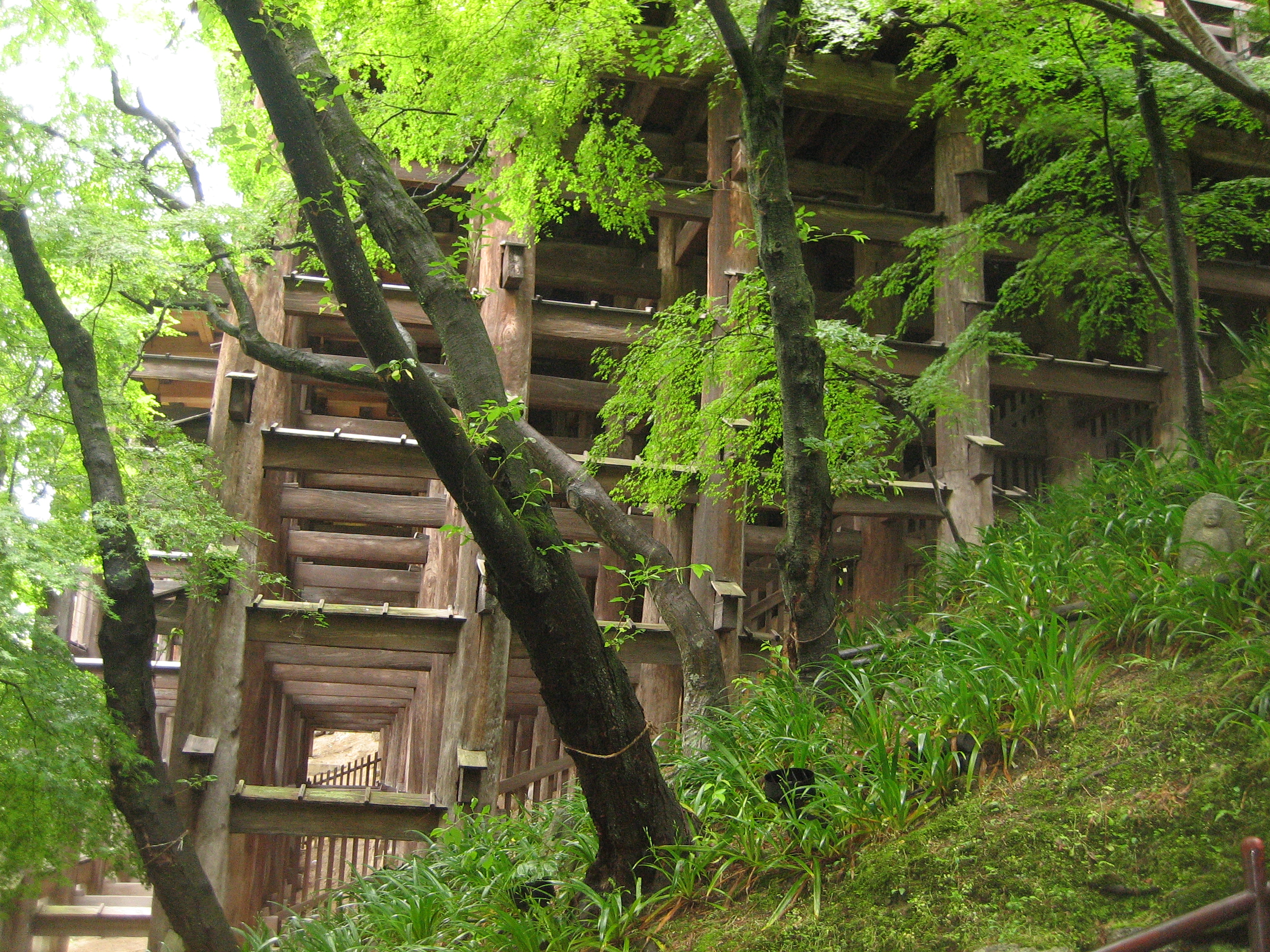 A close-up view of the intricate wooden architecture of the main hall.