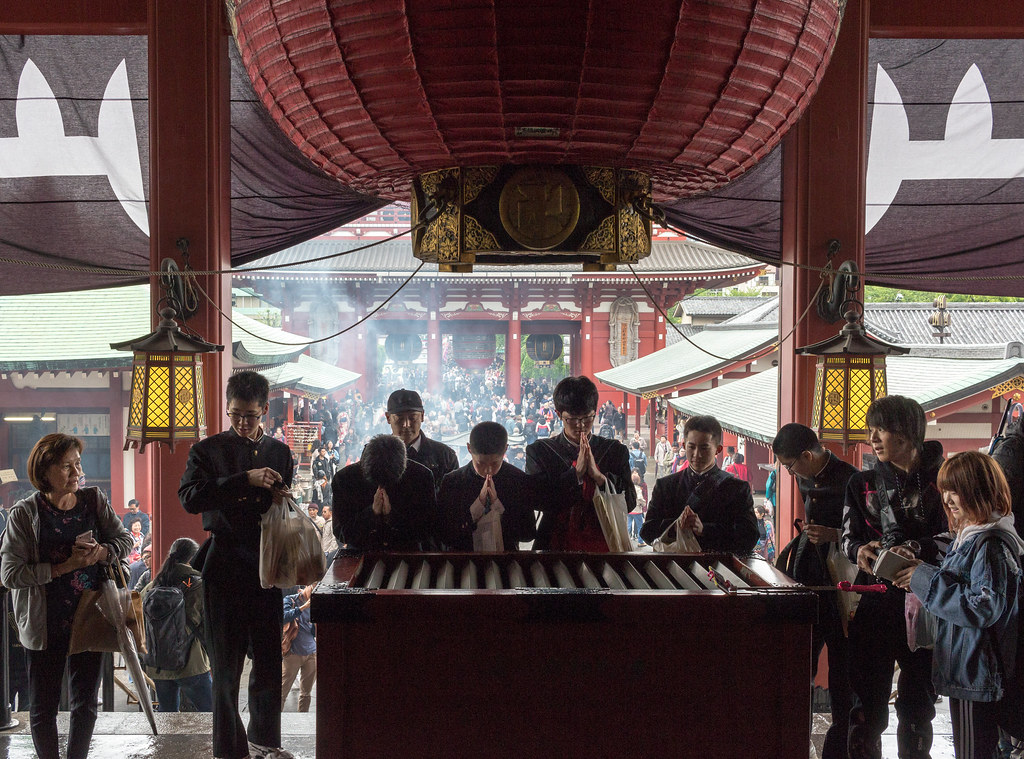 The five-story pagoda rising above the temple complex at dusk.