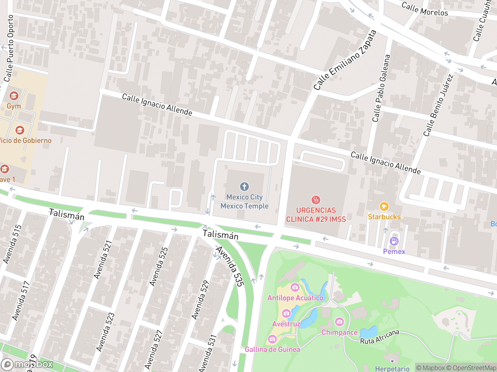 Map showing Mexico City Mexico Temple and surrounding area