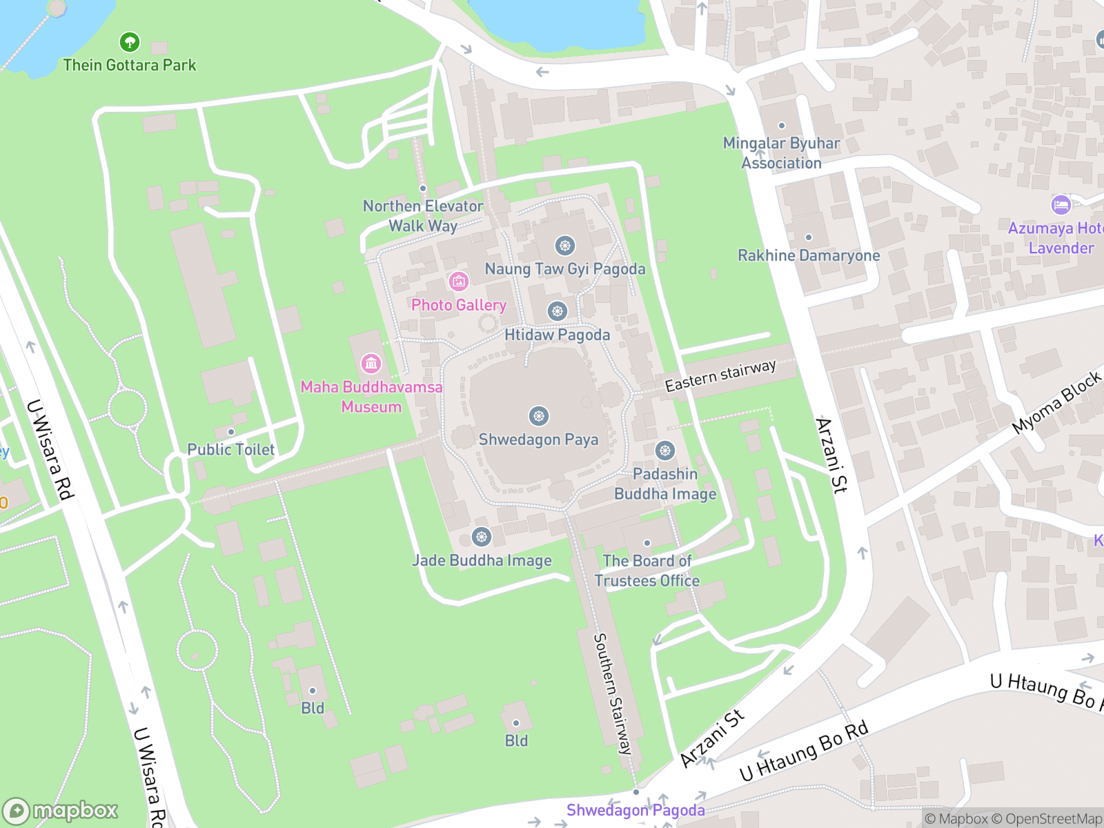 Map showing Shwedagon Pagoda and surrounding area