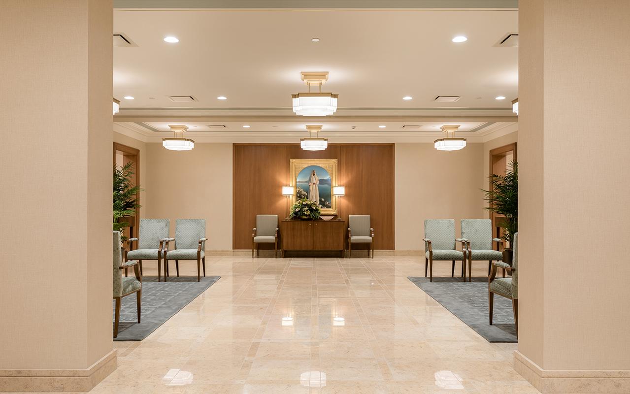 The Hamilton New Zealand Temple at dusk.