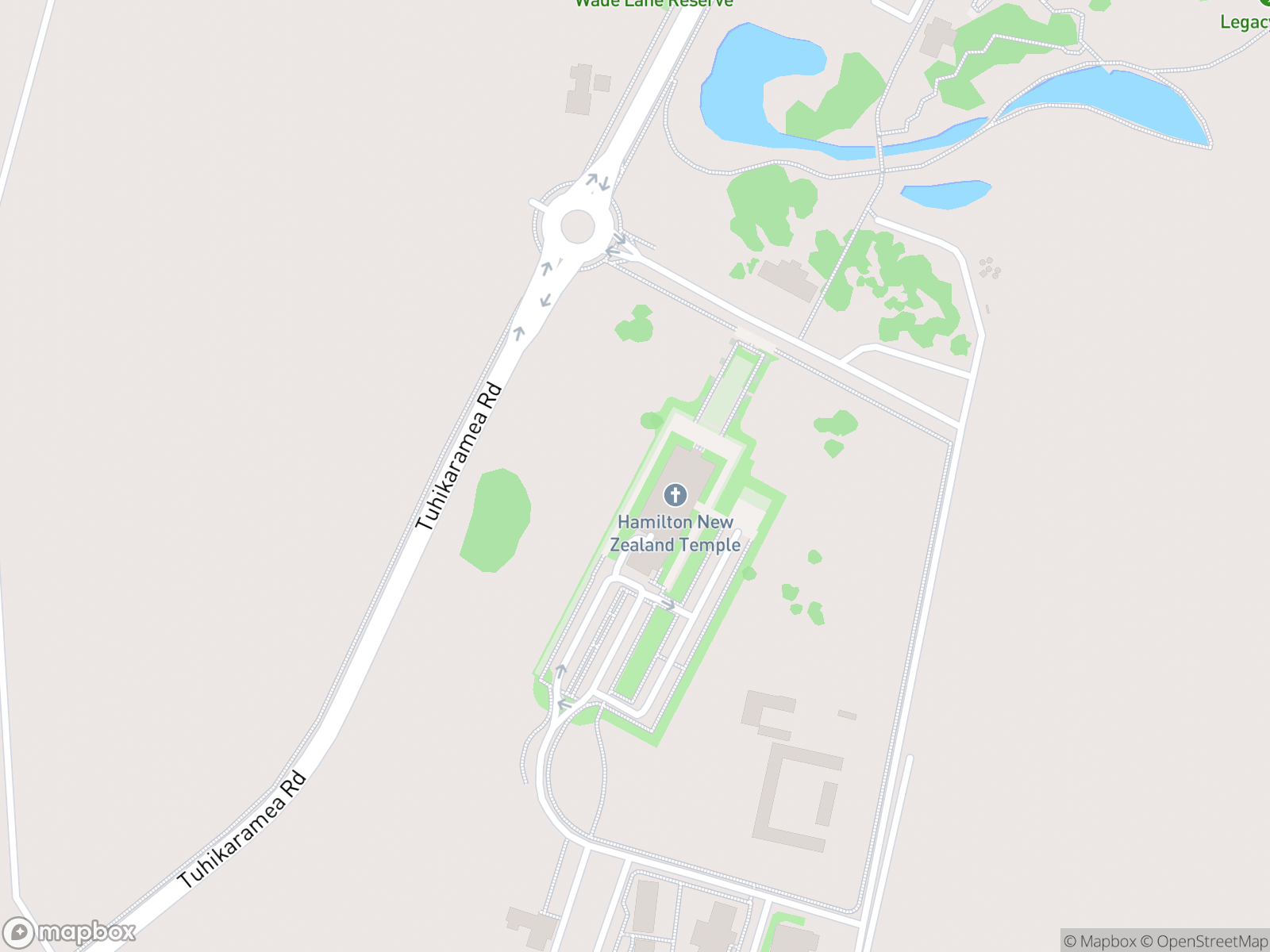 Map showing Hamilton New Zealand Temple and surrounding area