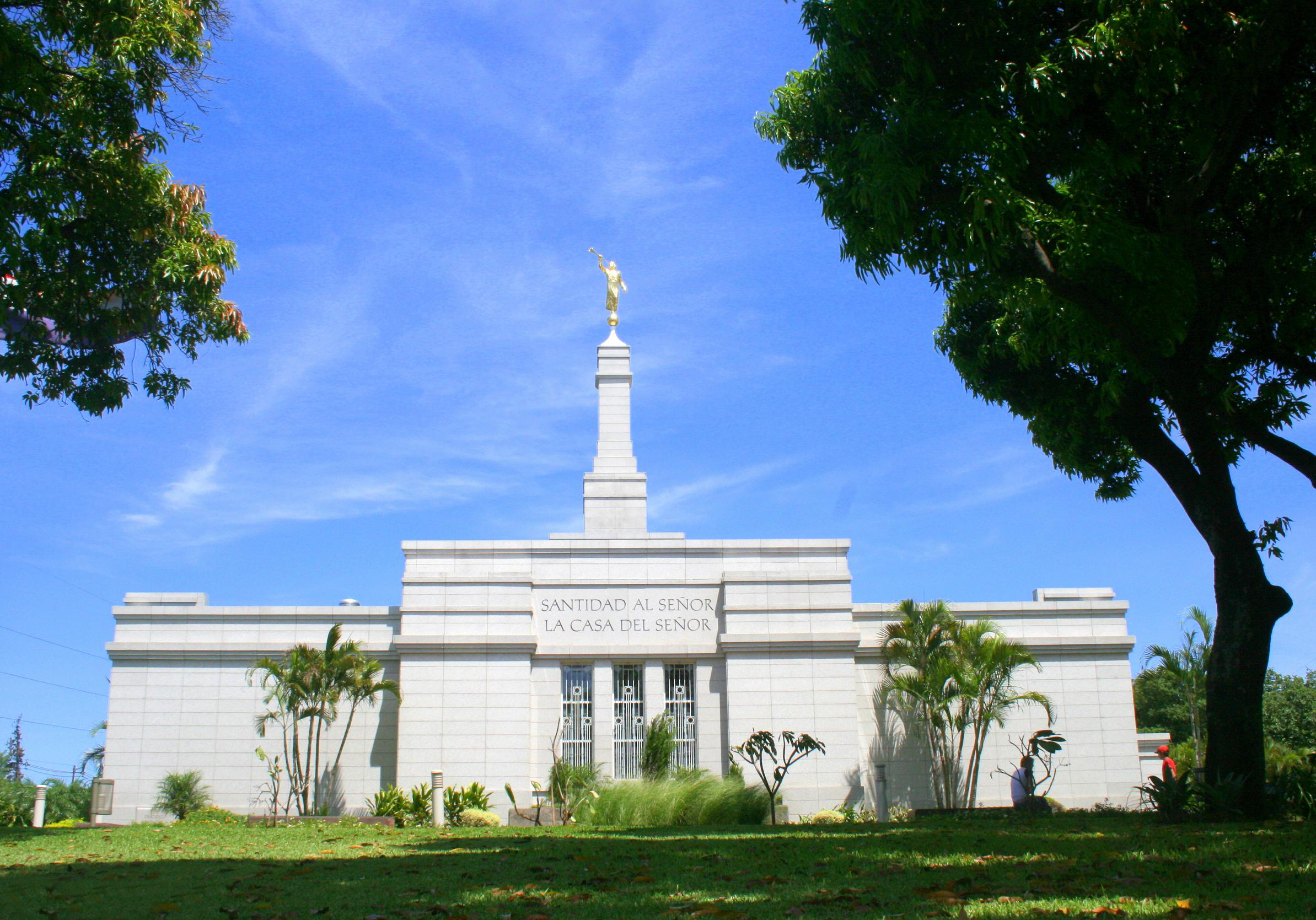 The Asunción Paraguay Temple illuminated at night.