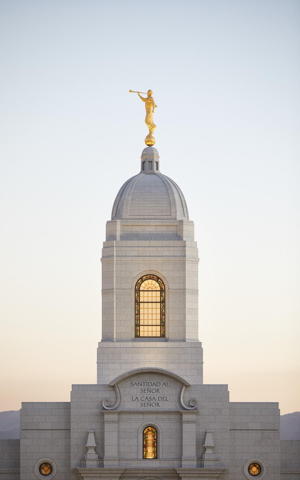 The temple illuminated at night, creating a peaceful and reverent atmosphere.