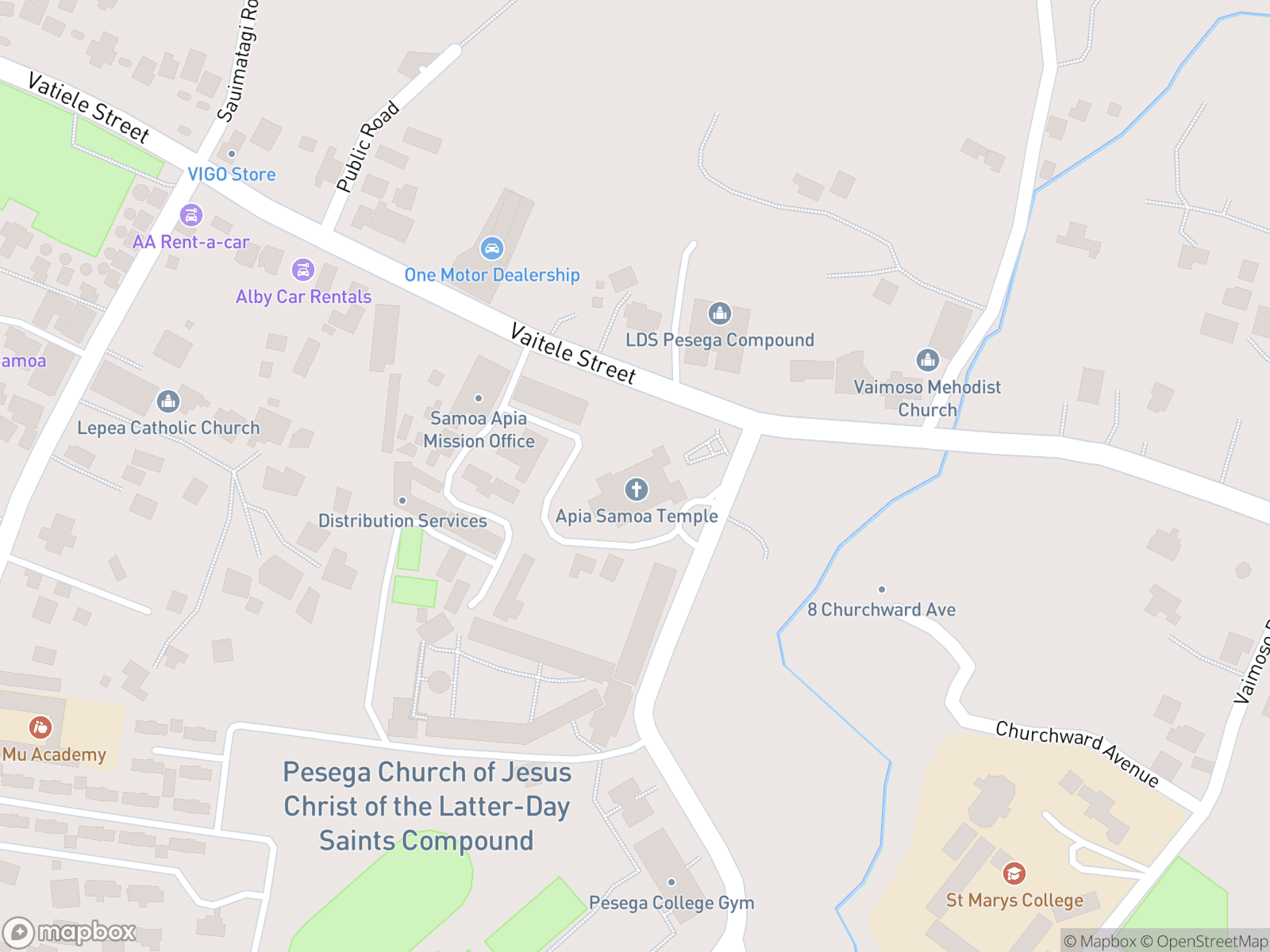 Map showing Apia Samoa Temple and surrounding area