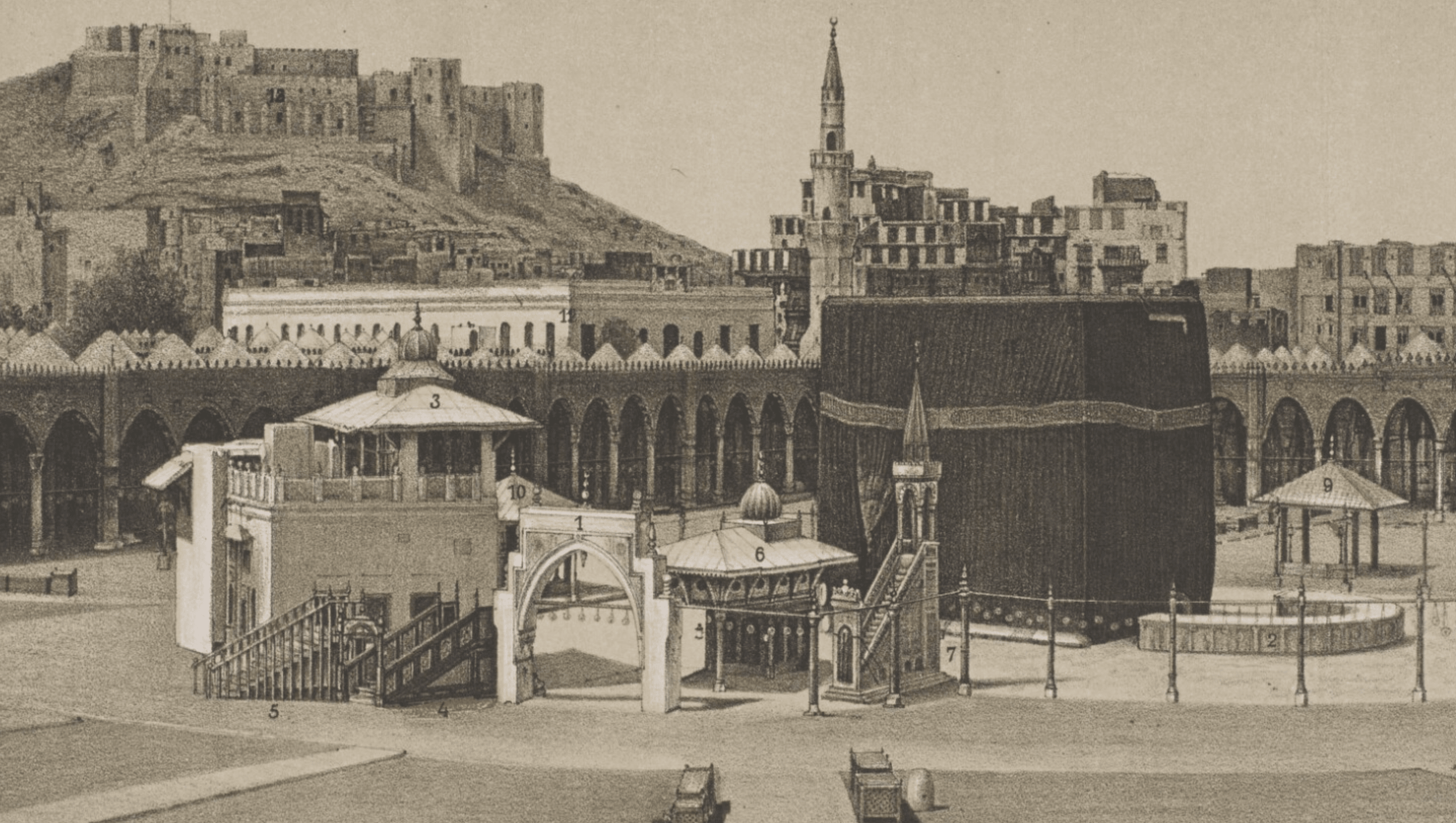 A view of the Masjid al-Haram with the Well of Zamzam in proximity to the Kaaba.