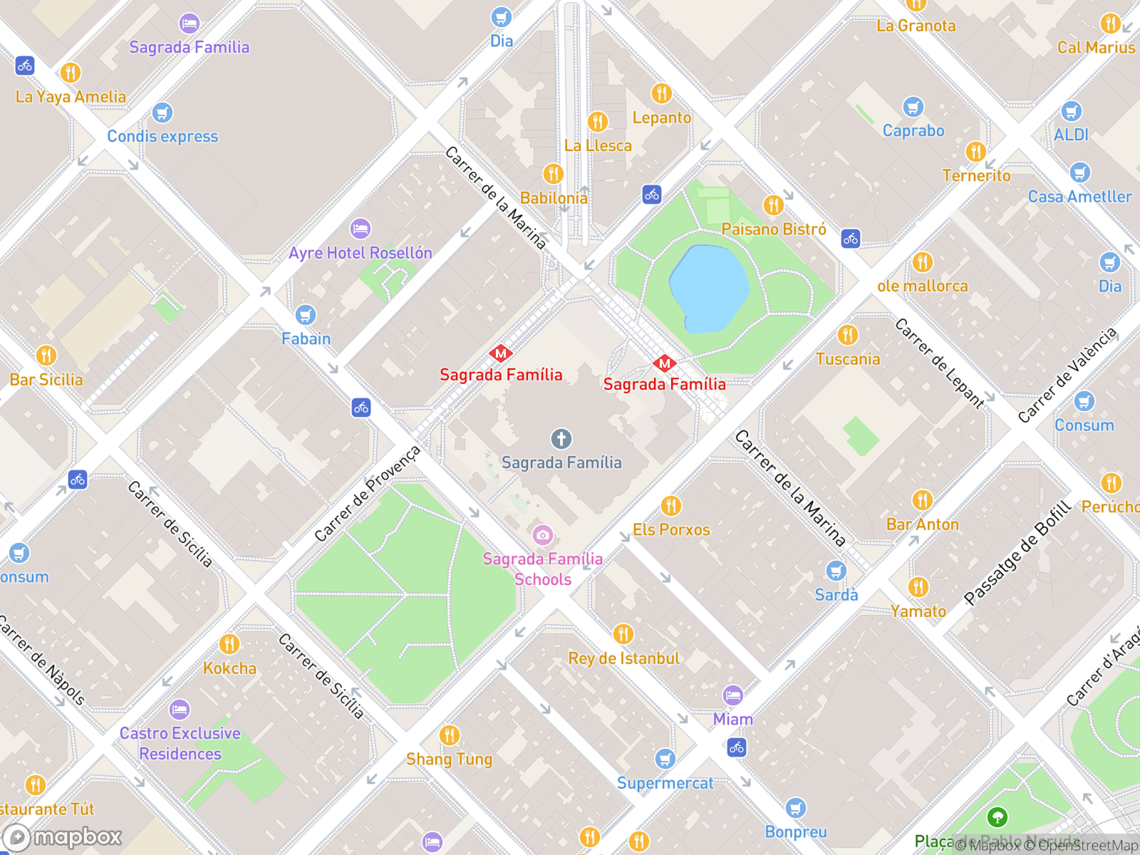 Map showing La Sagrada Família and surrounding area