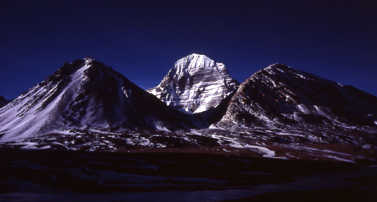 Pilgrims circumambulating Mount Kailash.