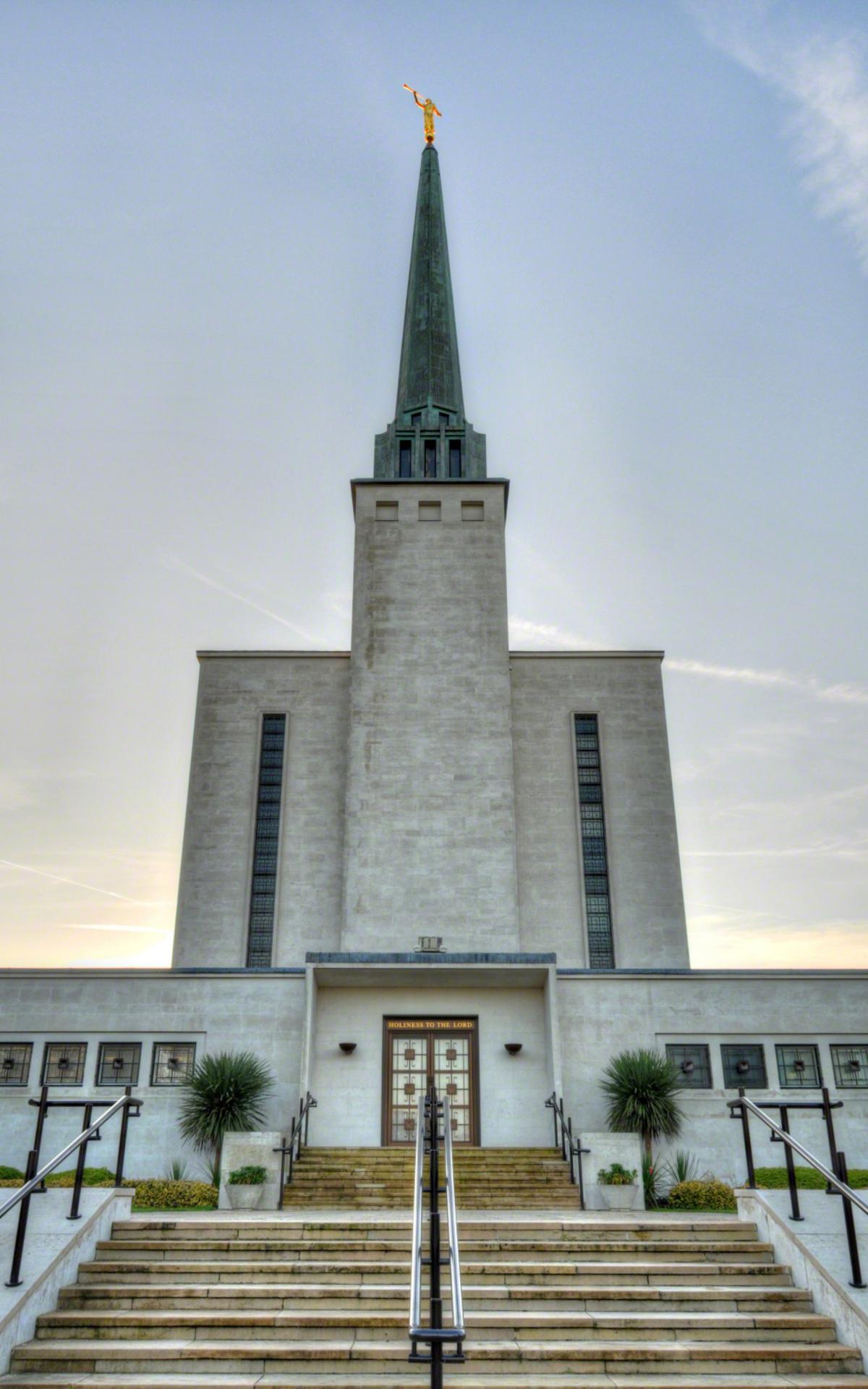 The London England Temple with the Angel Moroni statue atop its spire.