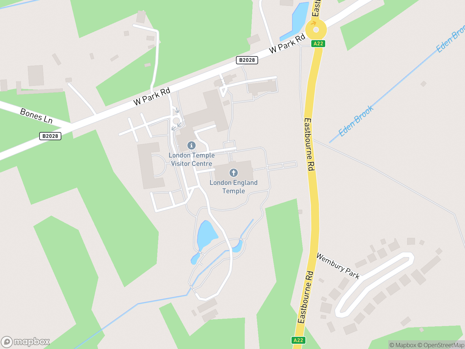 Map showing London England Temple and surrounding area