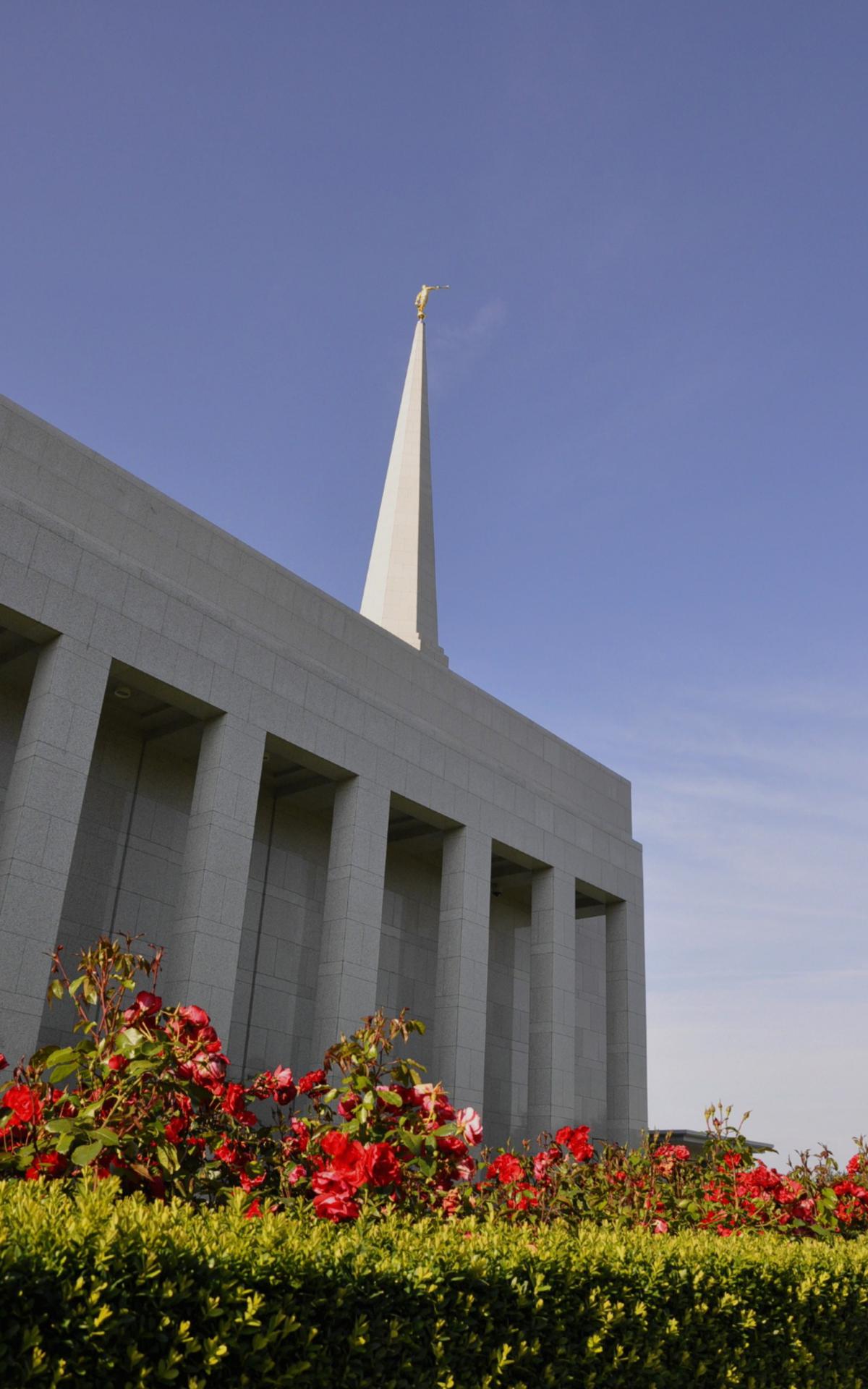 The Preston England Temple surrounded by lush greenery.
