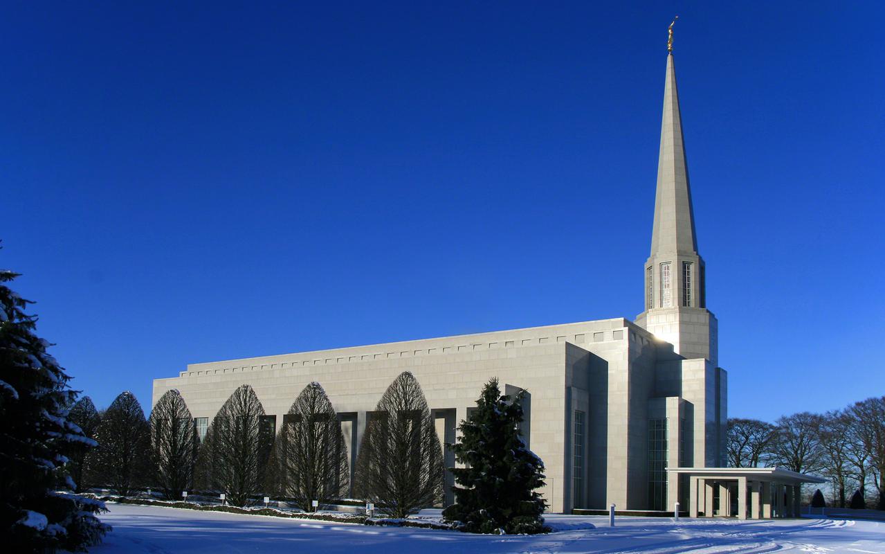 The temple's exterior, showcasing its modern classical design.