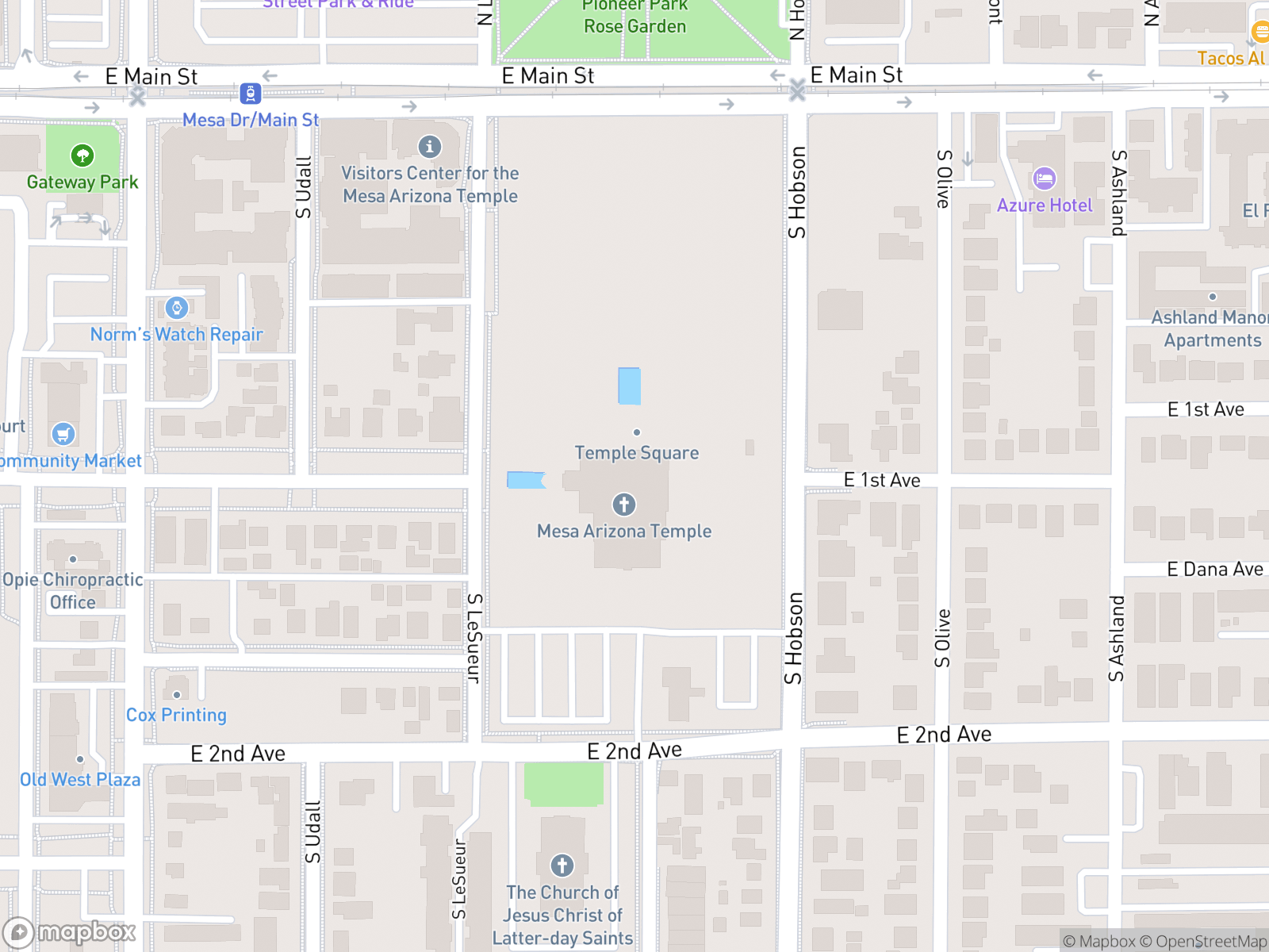 Map showing Mesa Arizona Temple and surrounding area