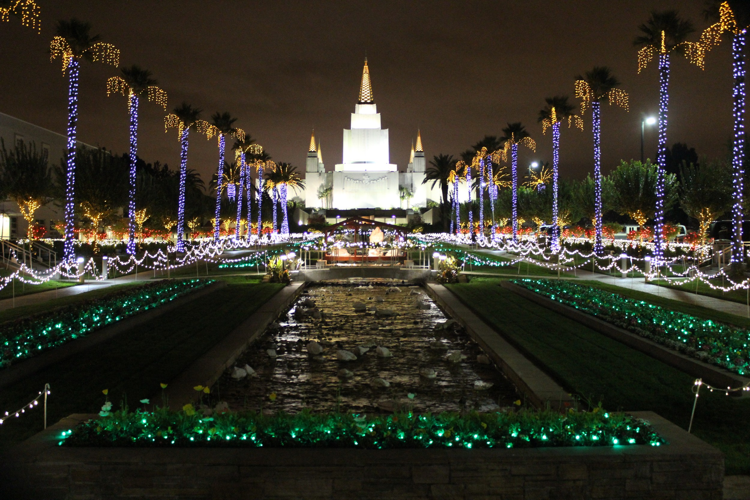A high-angle night view showcasing the temple's illumination and its reflection in the ornamental pool.