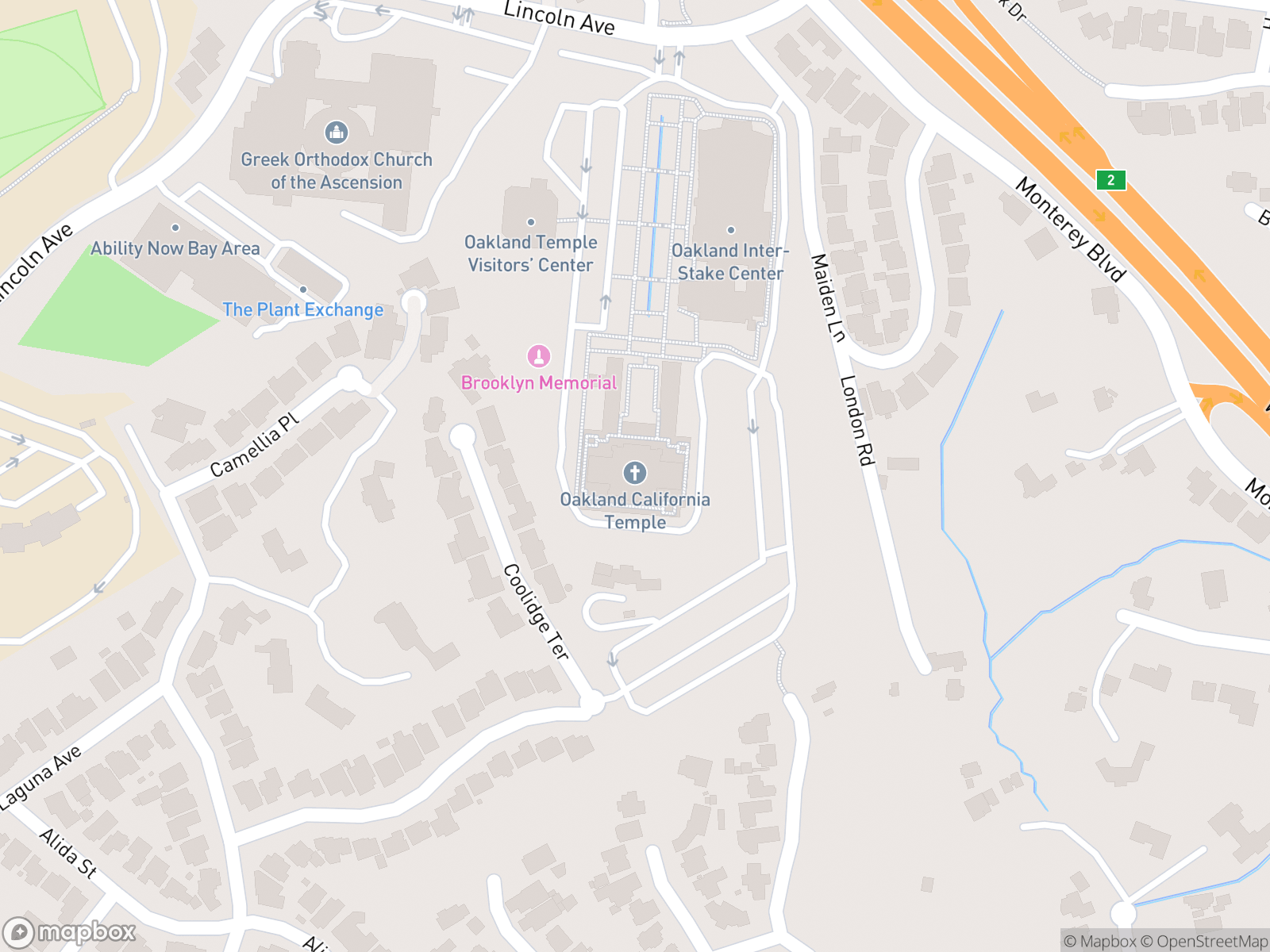 Map showing Oakland California Temple and surrounding area