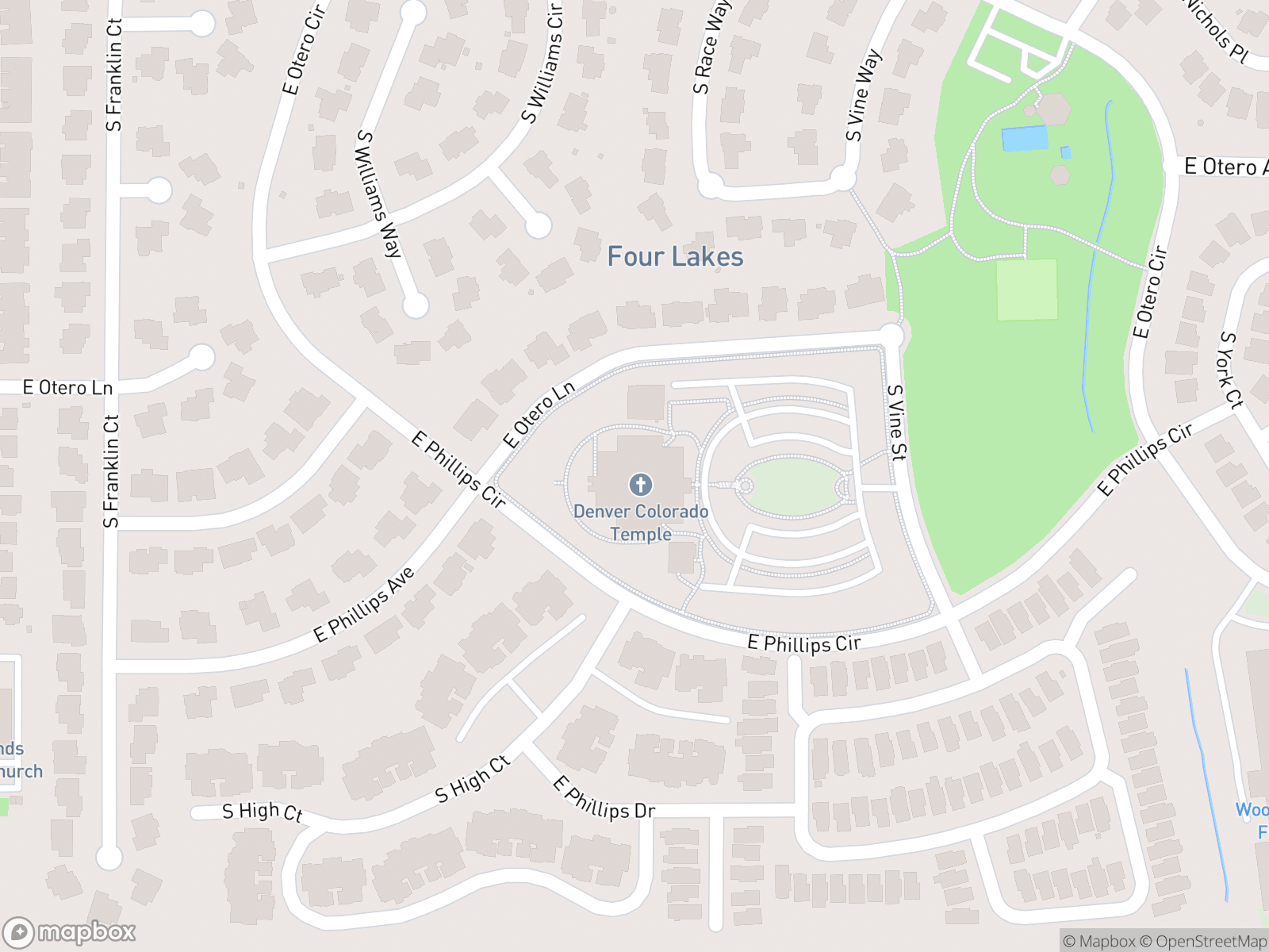 Map showing Denver Colorado Temple and surrounding area