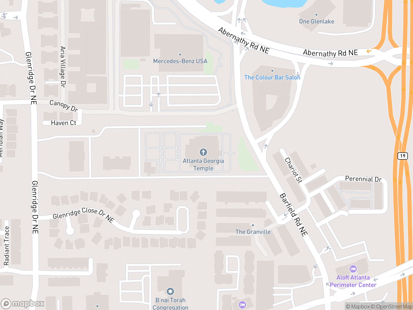 Map showing Atlanta Georgia Temple and surrounding area