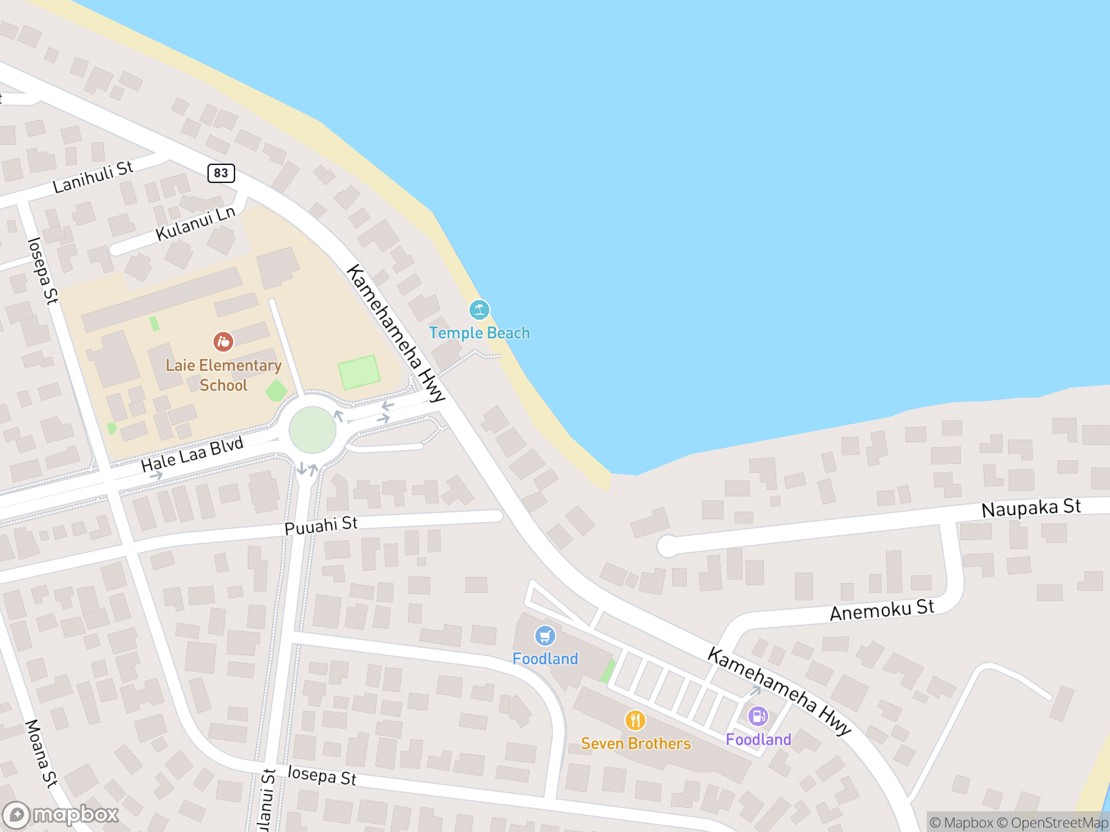 Map showing Laie Hawaii Temple and surrounding area