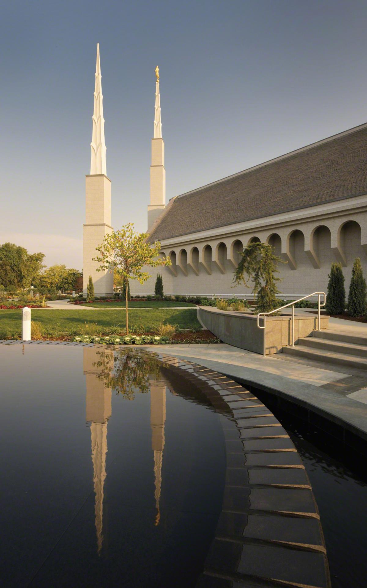 Temple grounds with mature trees and landscaping