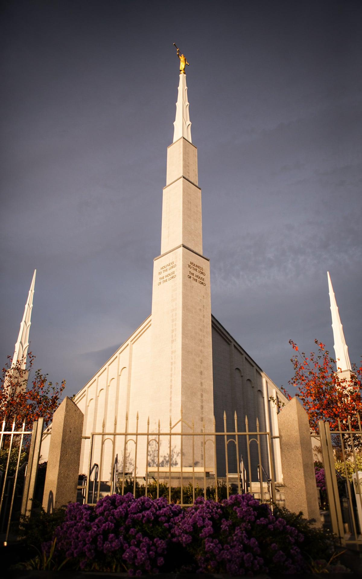 Wide-angle view showing the distinctive sloping roofline