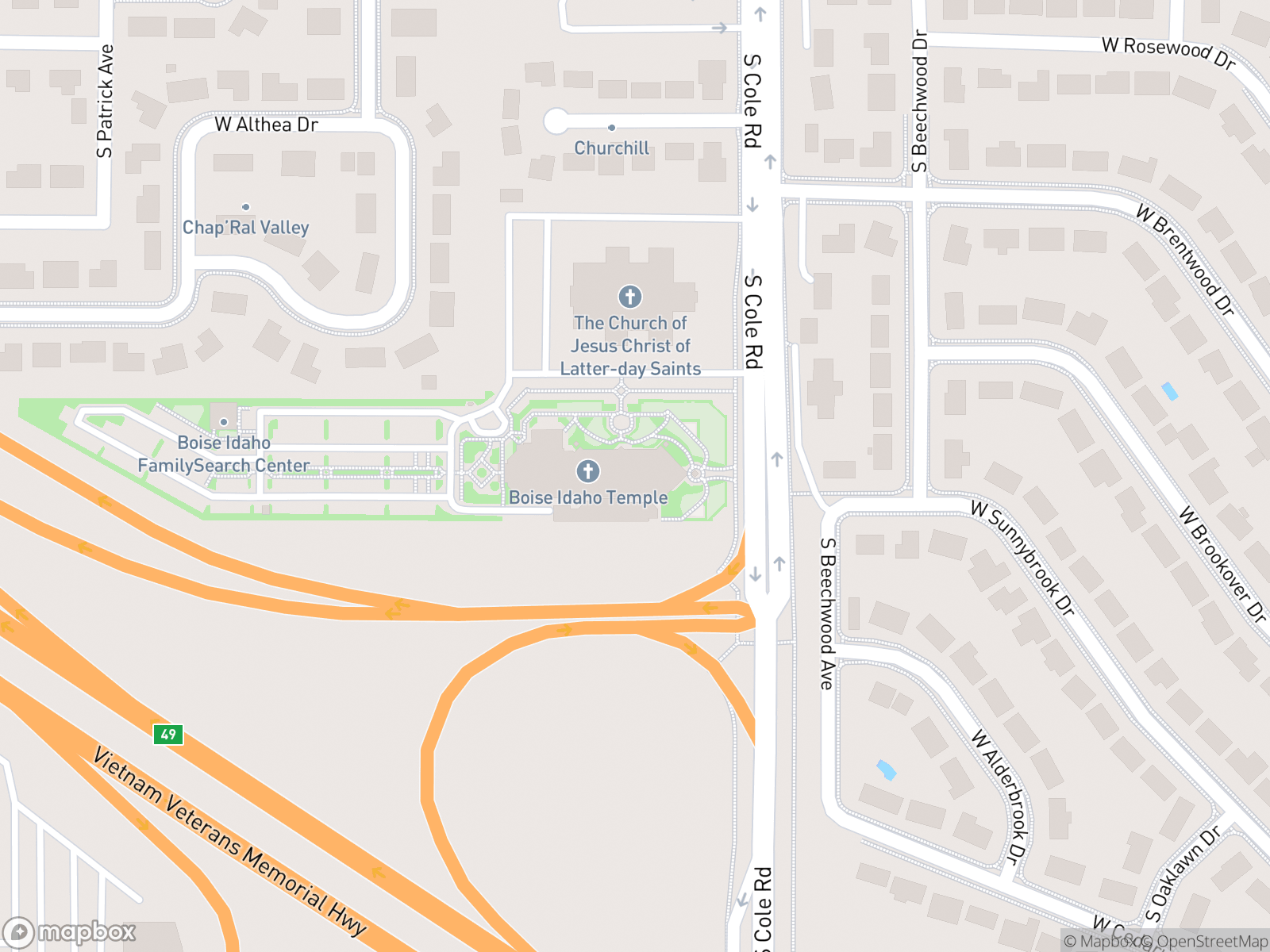 Map showing Boise Idaho Temple and surrounding area