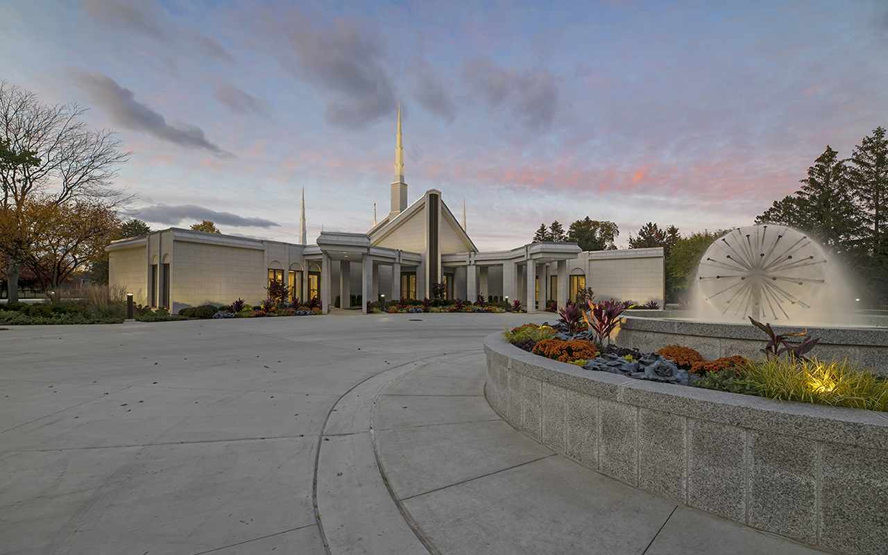 Architectural detail of the six-spire roofline design shared with sister temples in Boise and Dallas.