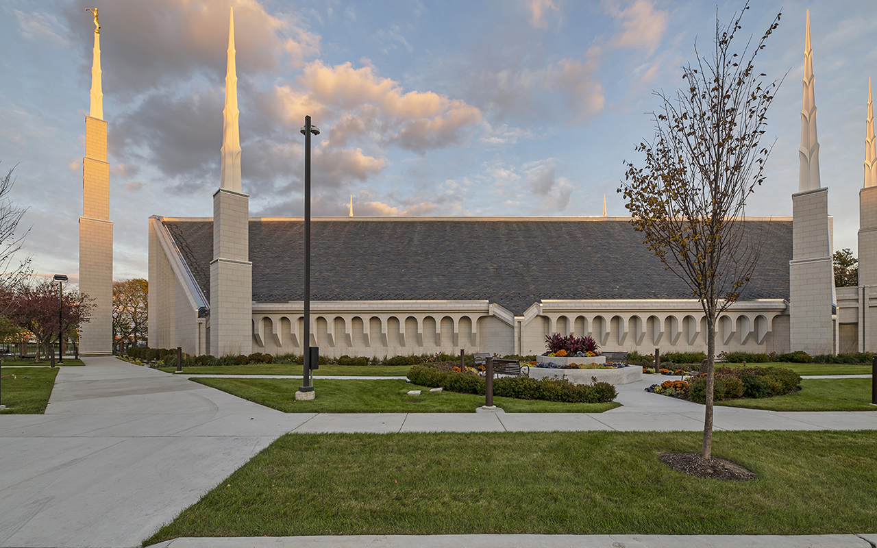 Autumn foliage framing the temple in warm Midwest fall colors.