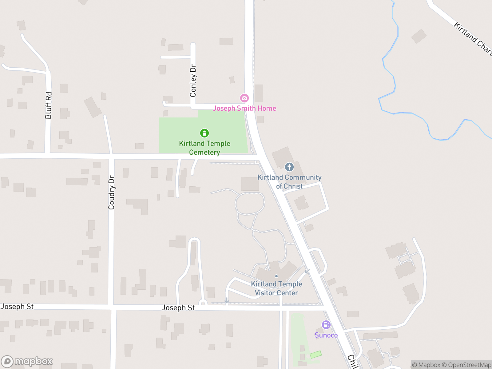 Map showing Kirtland Temple and surrounding area