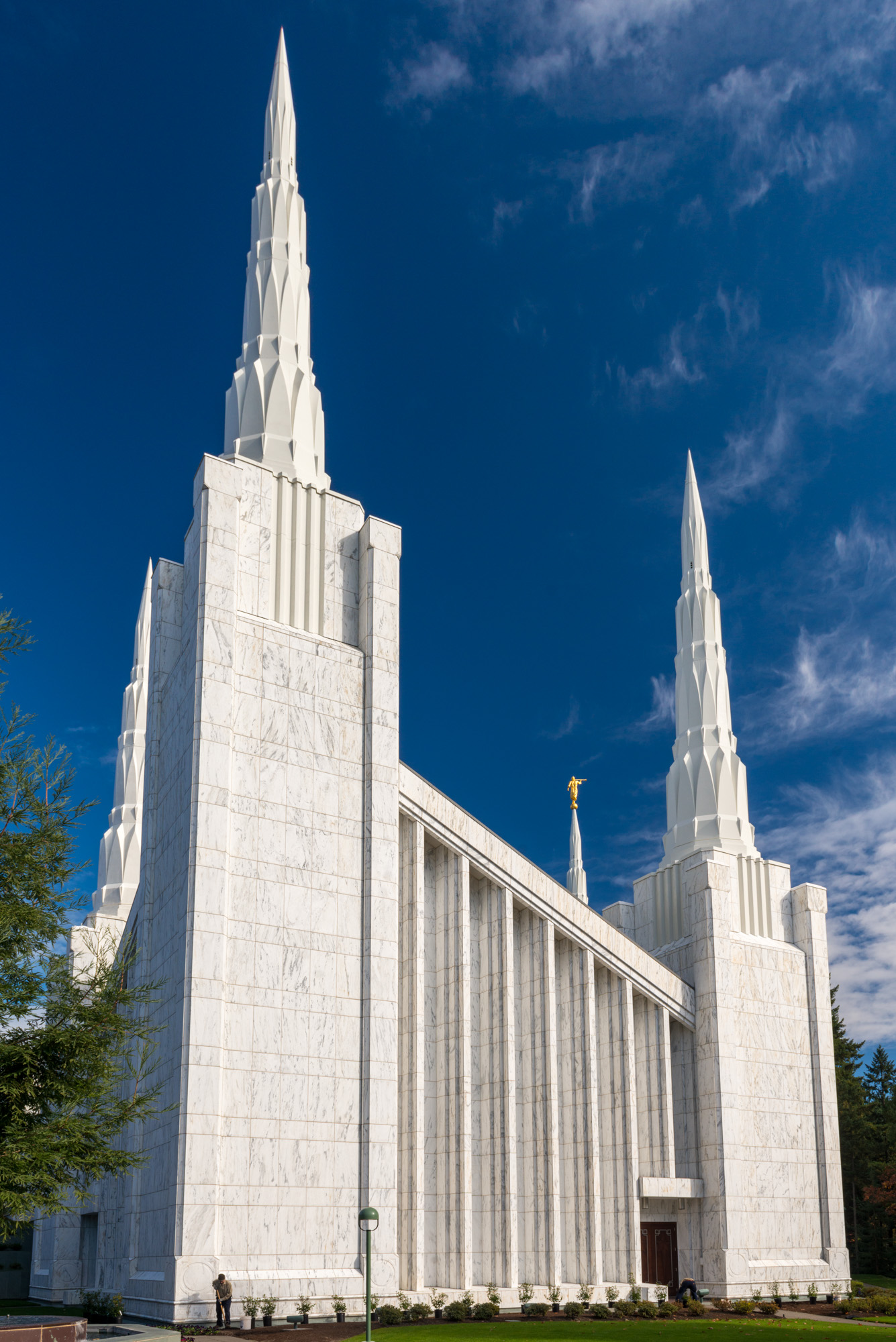 Side view showing the white marble spires and architectural detail