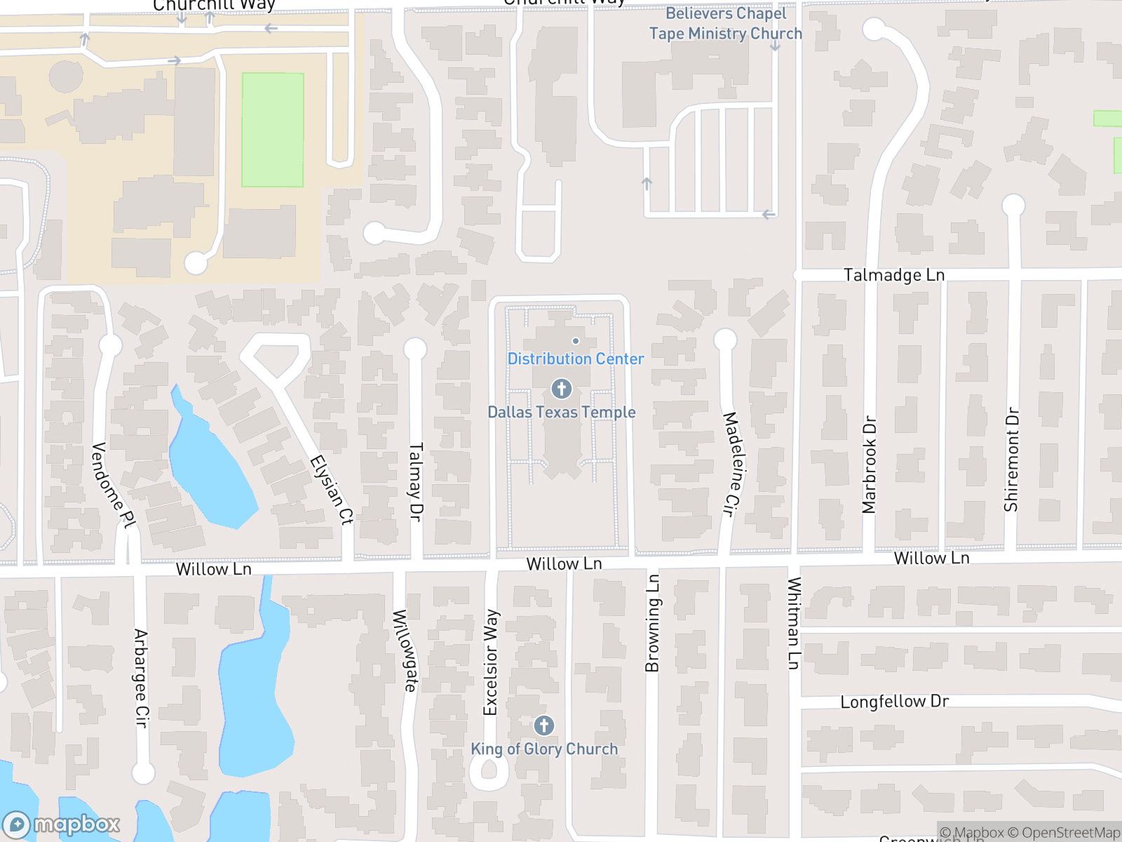 Map showing Dallas Texas Temple and surrounding area