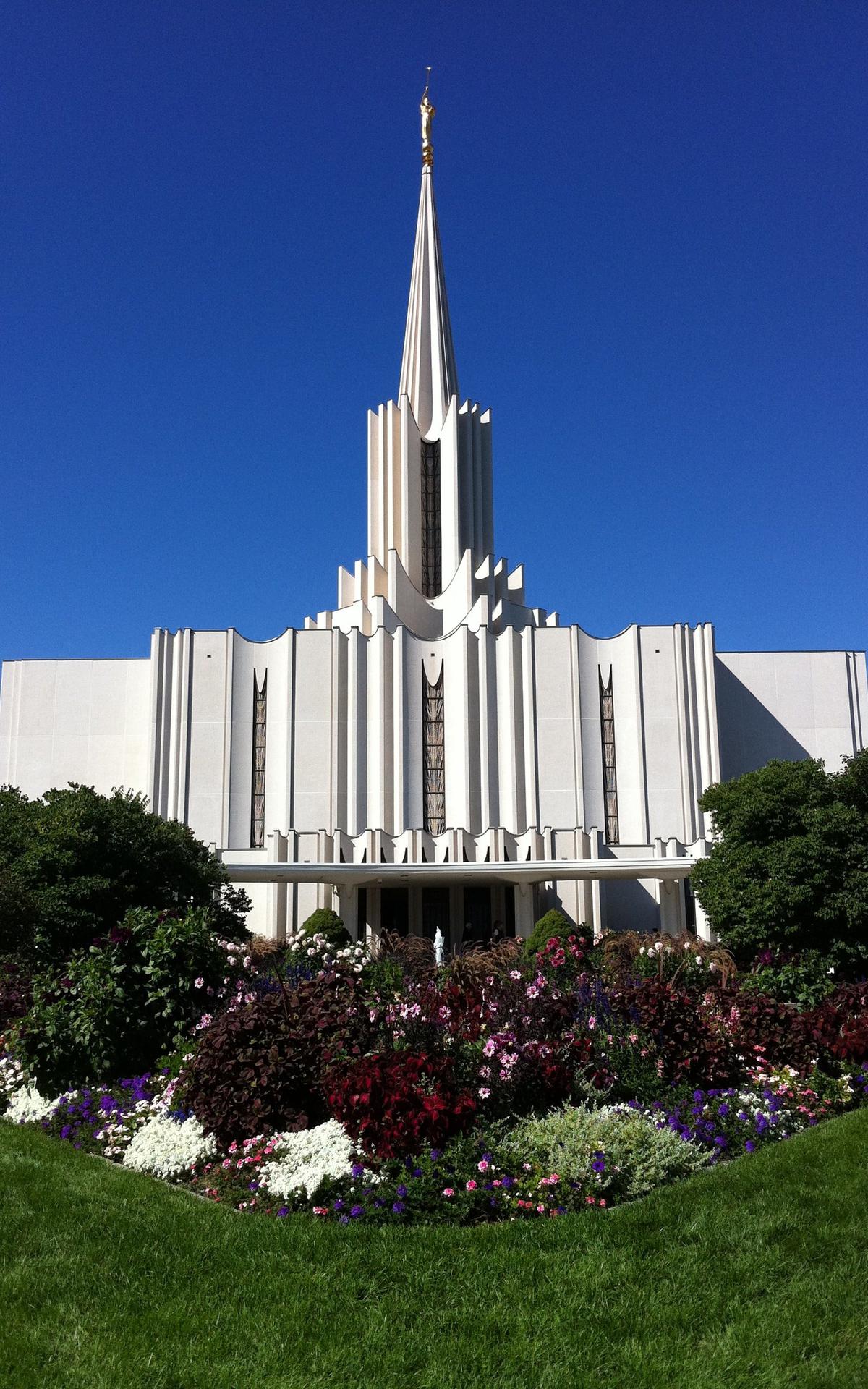 Manicured gardens and fountains on the temple grounds