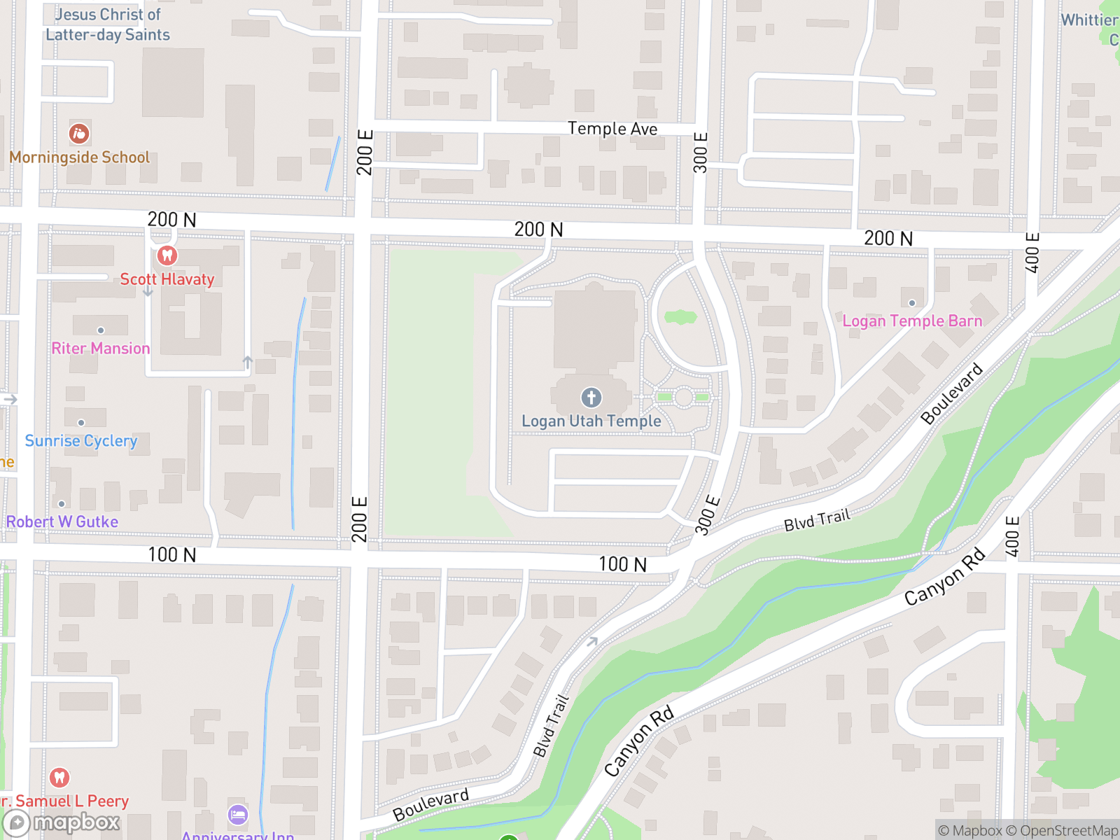 Map showing Logan Utah Temple and surrounding area