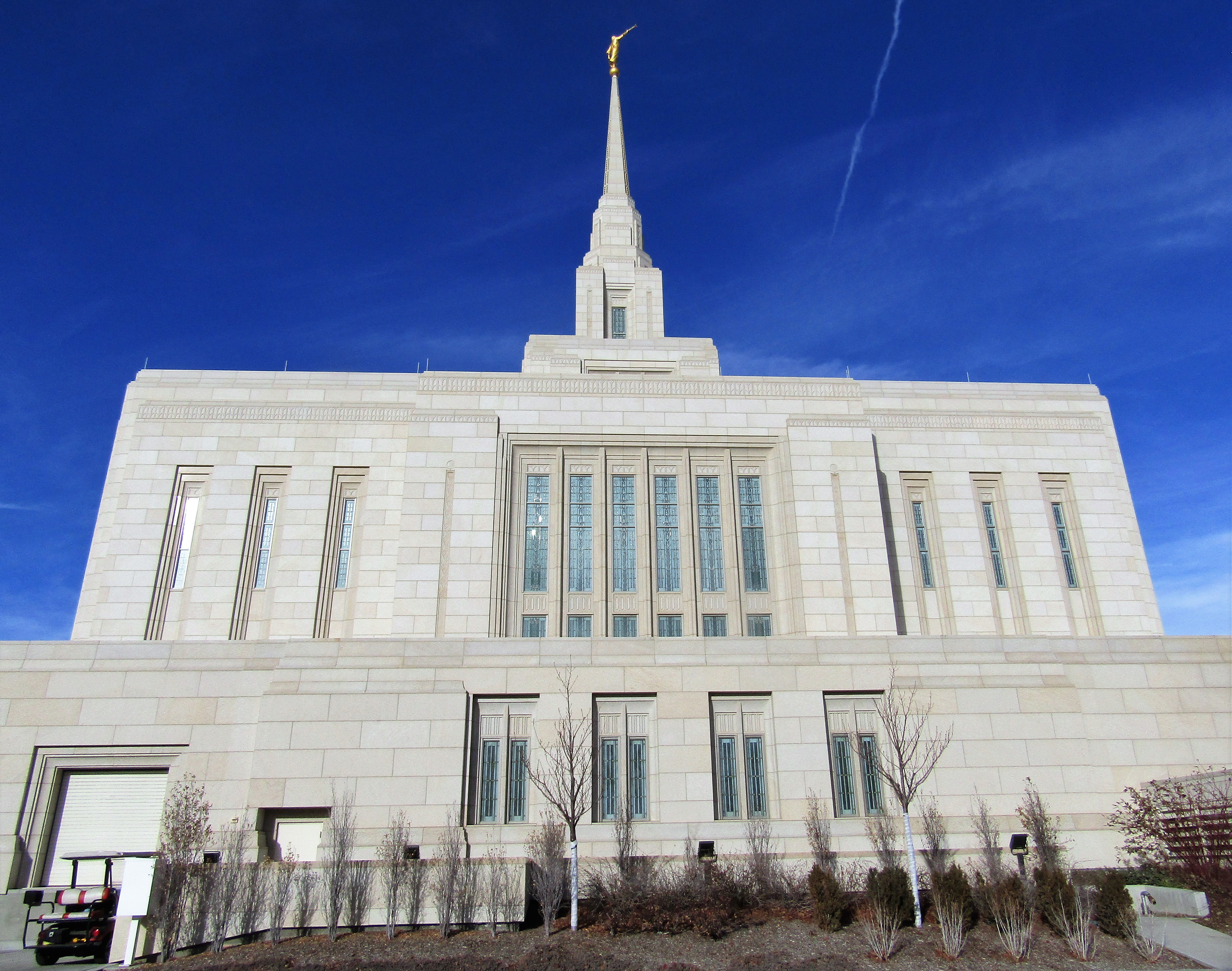 The renovated temple exterior featuring Temple White granite