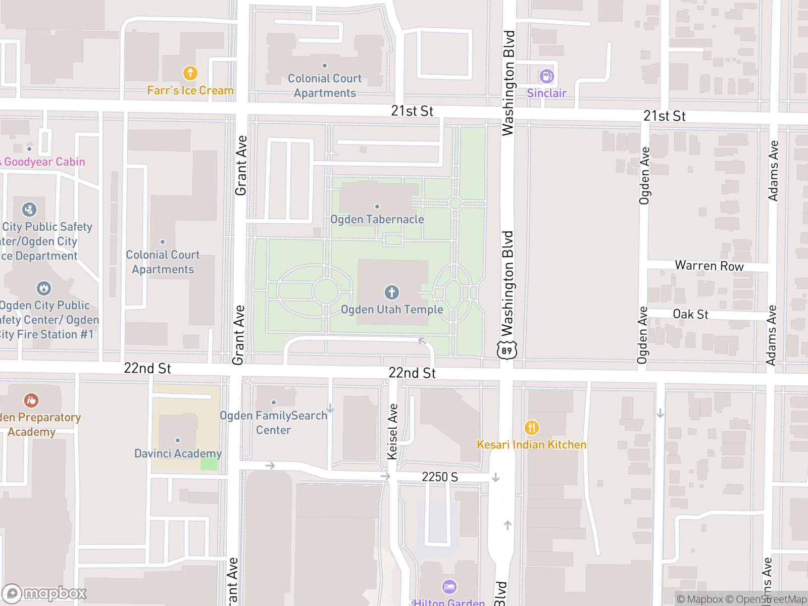 Map showing Ogden Utah Temple and surrounding area