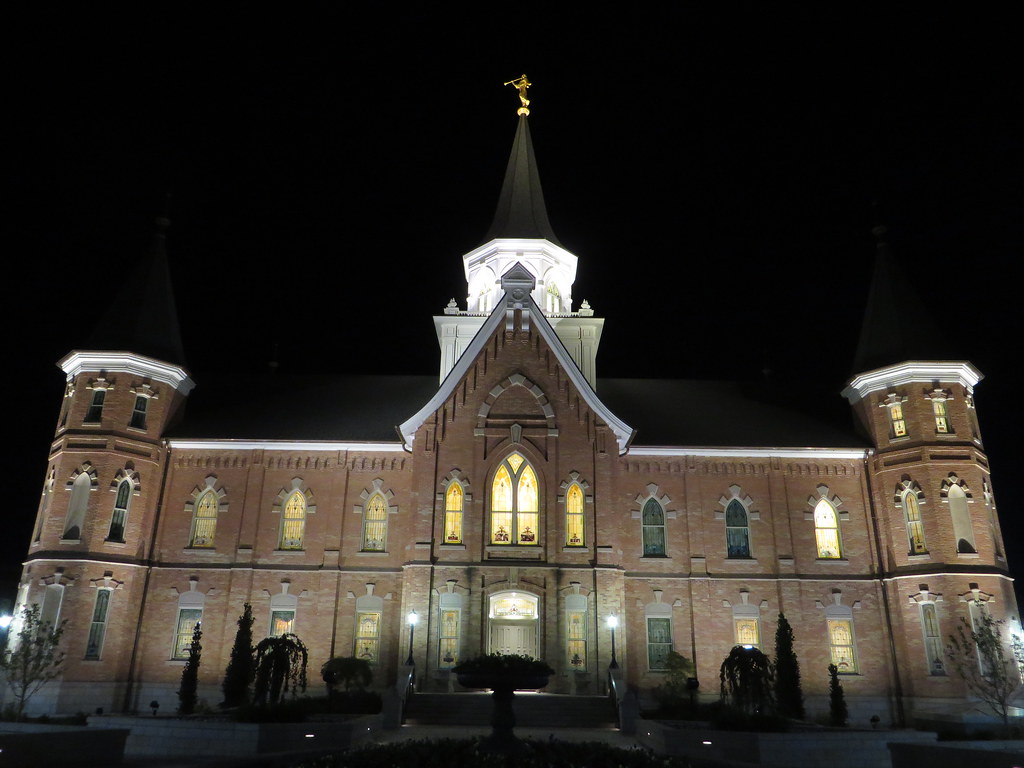 Night view showing the stained glass illumination