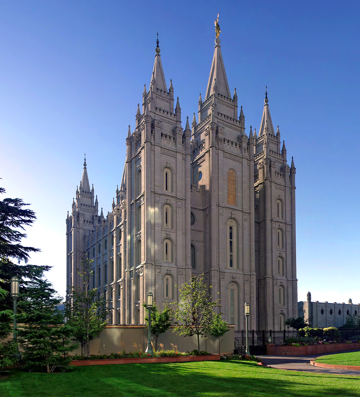 Salt Lake Temple exterior on a clear day