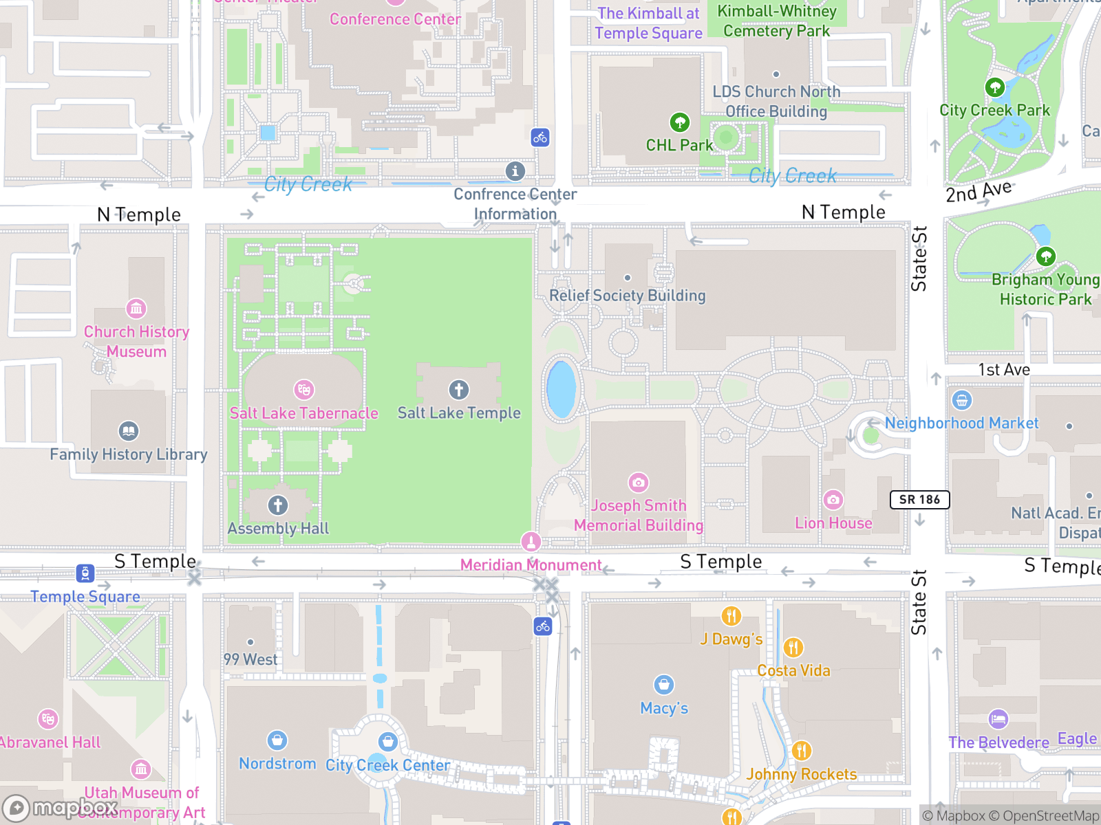 Map showing Salt Lake Temple and surrounding area