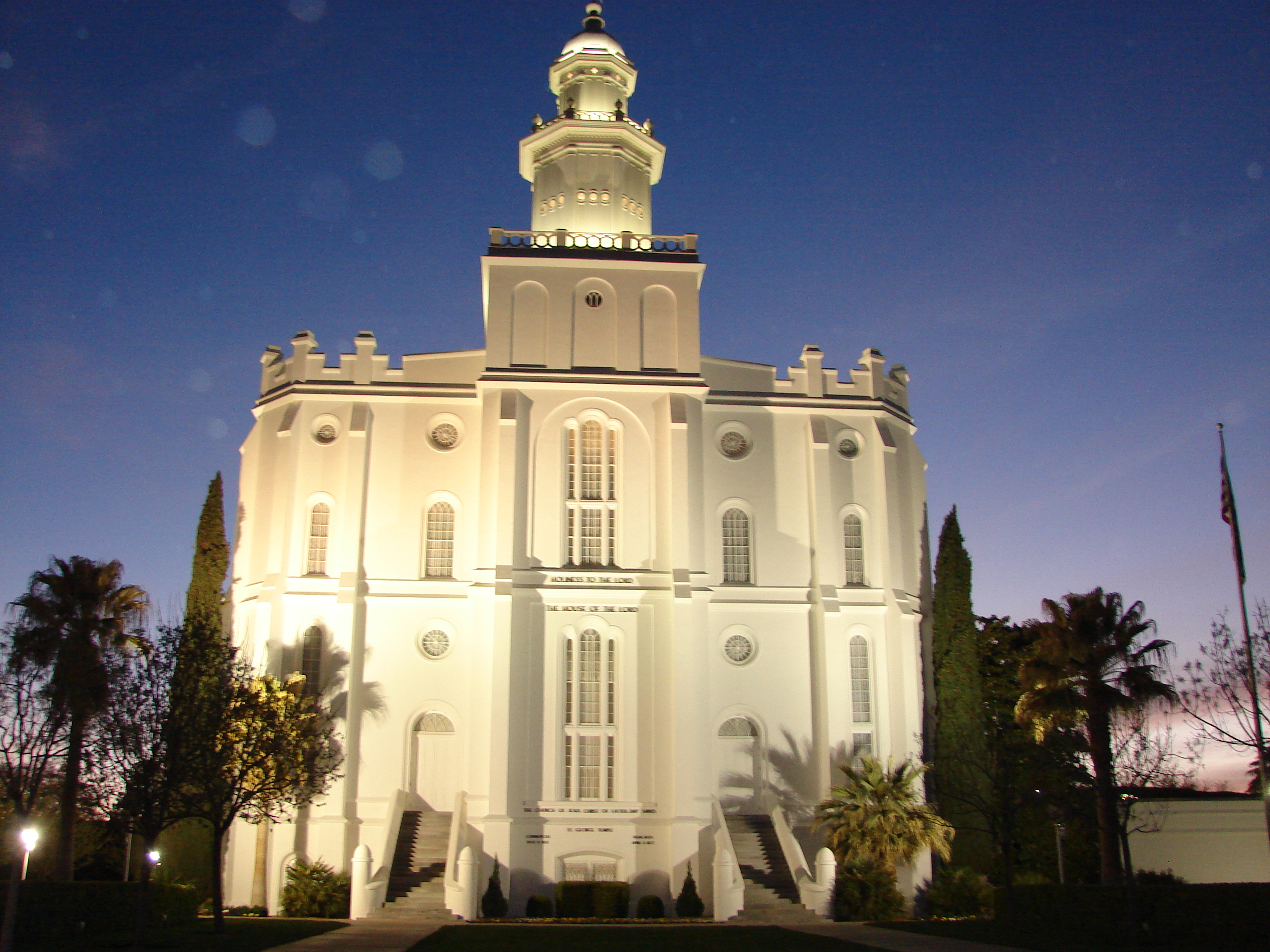 Temple beautifully illuminated at dusk